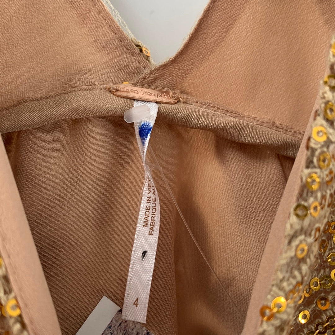 Free People Gold Sequin Lace Mini Dress (Sz4)