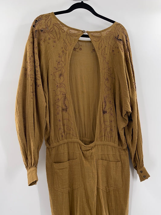 Free People - One Teaspoon - Tobacco Long Sleeve  Embroidered Laser Cut Details  Adjustable Drawstring Waist  Line With Side Pockets Backless Jumpsuit (Size Small) - WITH TAG -