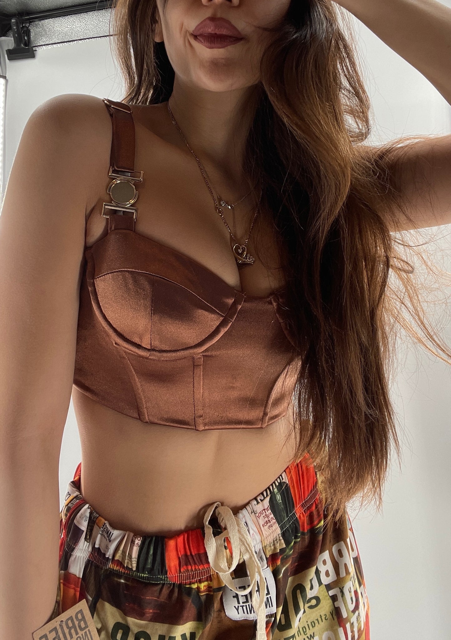 Princess Polly Brown Cropped Corset with Gold Medallion (2)