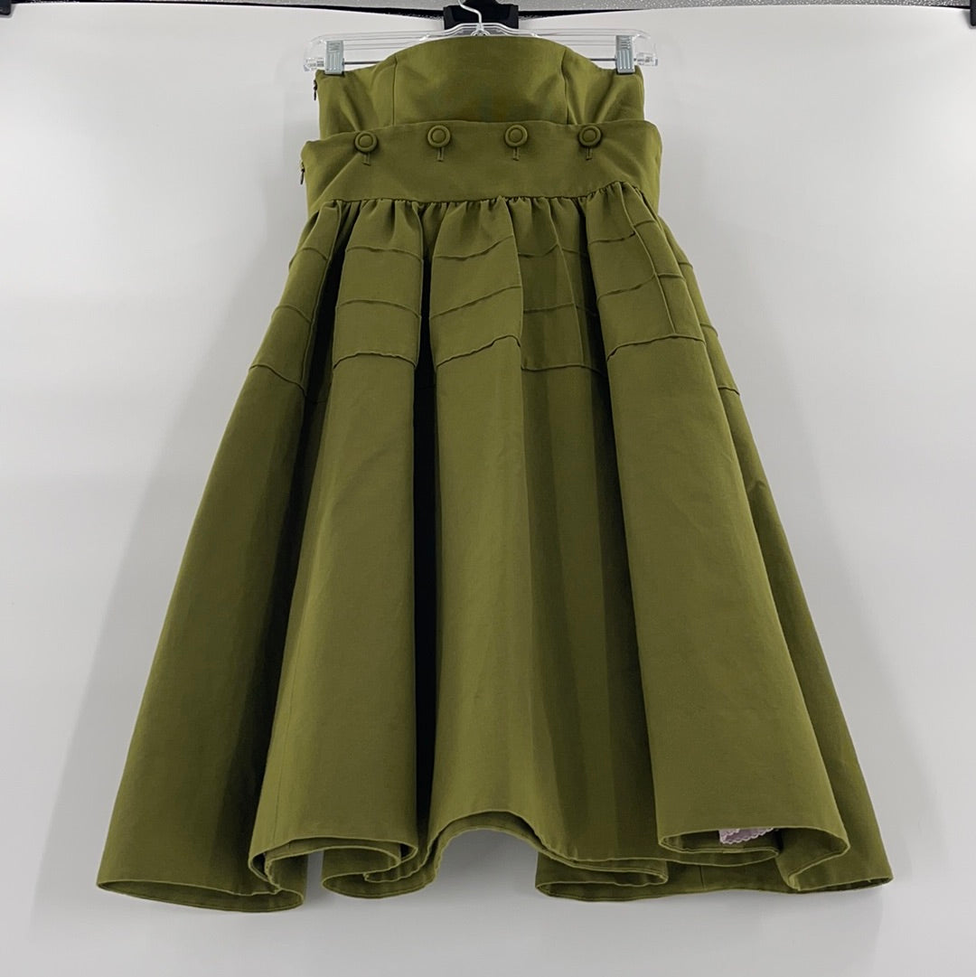 Maeve - Anthropologie Strapless Oliver Green Pleated MIDI Dress - Buttoned Under Breast- Could Separate and Make a 2 Piece Set - (Size 4)
