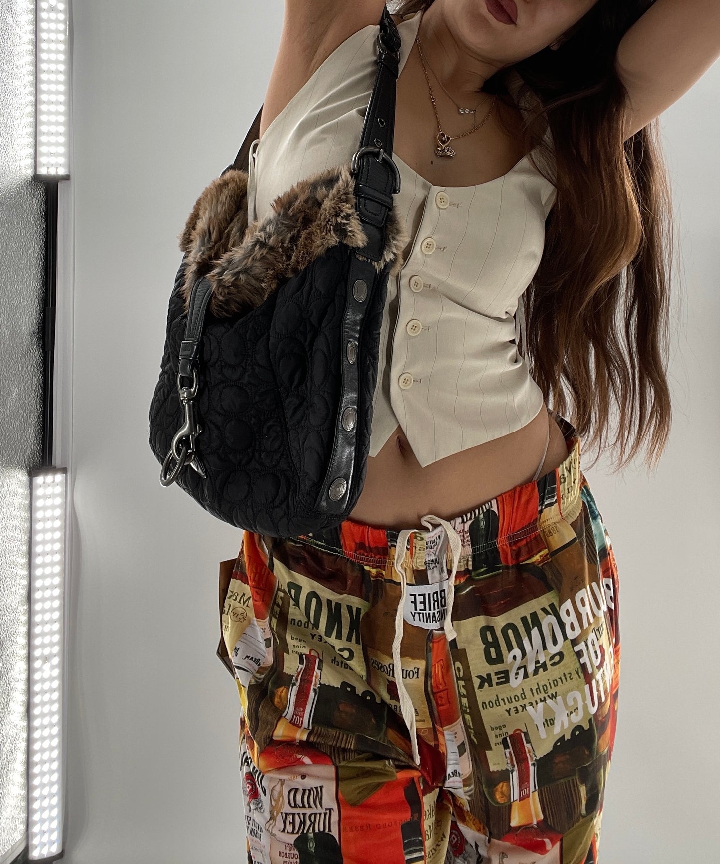 Coach Vintage Fur Trim Bag with Quilted Logo Pattern