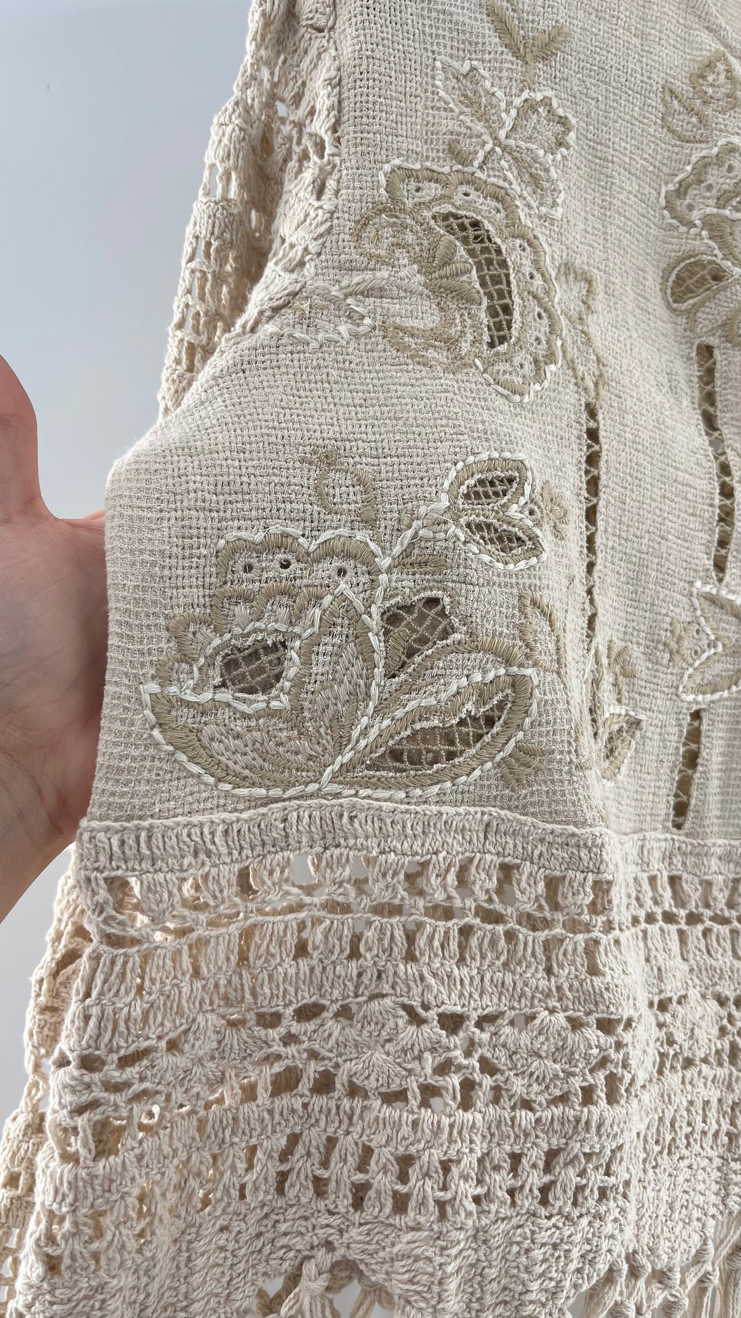 Zara Beige Gauze, Crochet, Embroidered Tunic Blouse (Large)