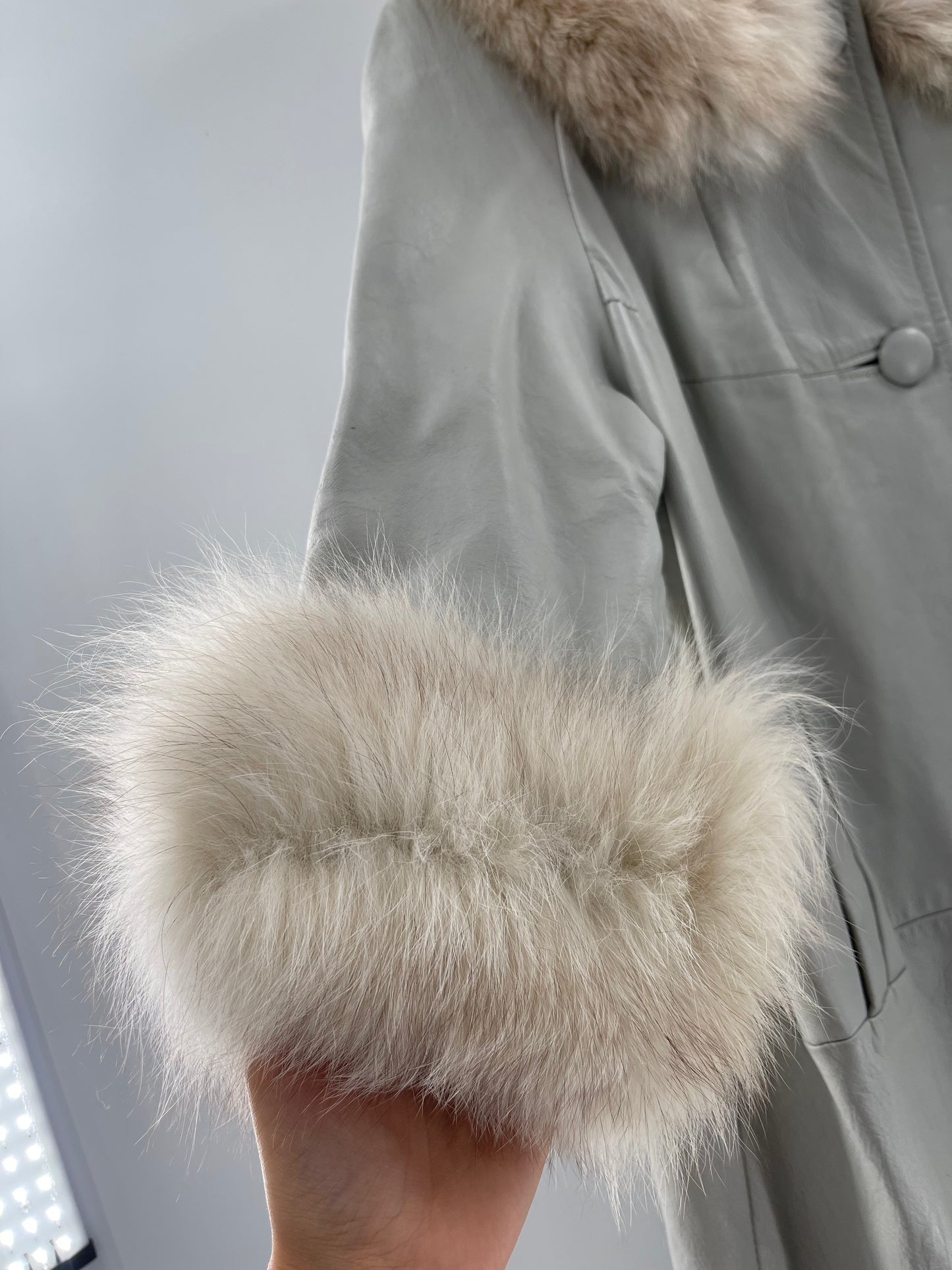 Light Gray 100% Leather Coat With Real Fur Collar and Cuffs Trim (Size 16) VINTAGE