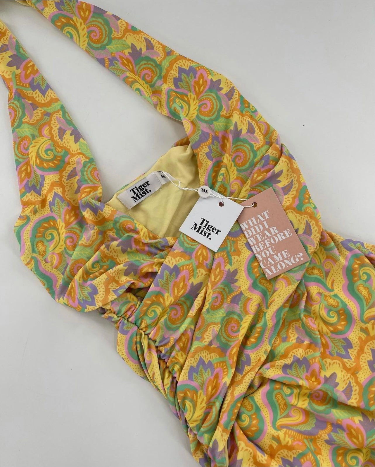 Tiger Mist Halter Harlee Dress Yellow Paisley Pr Ruched Mini Dress (Size S) - with tag -