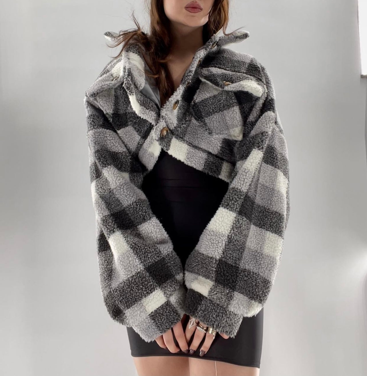 E.SSUE Cropped Sherpa Gray White Plaid Jacket (Size S)