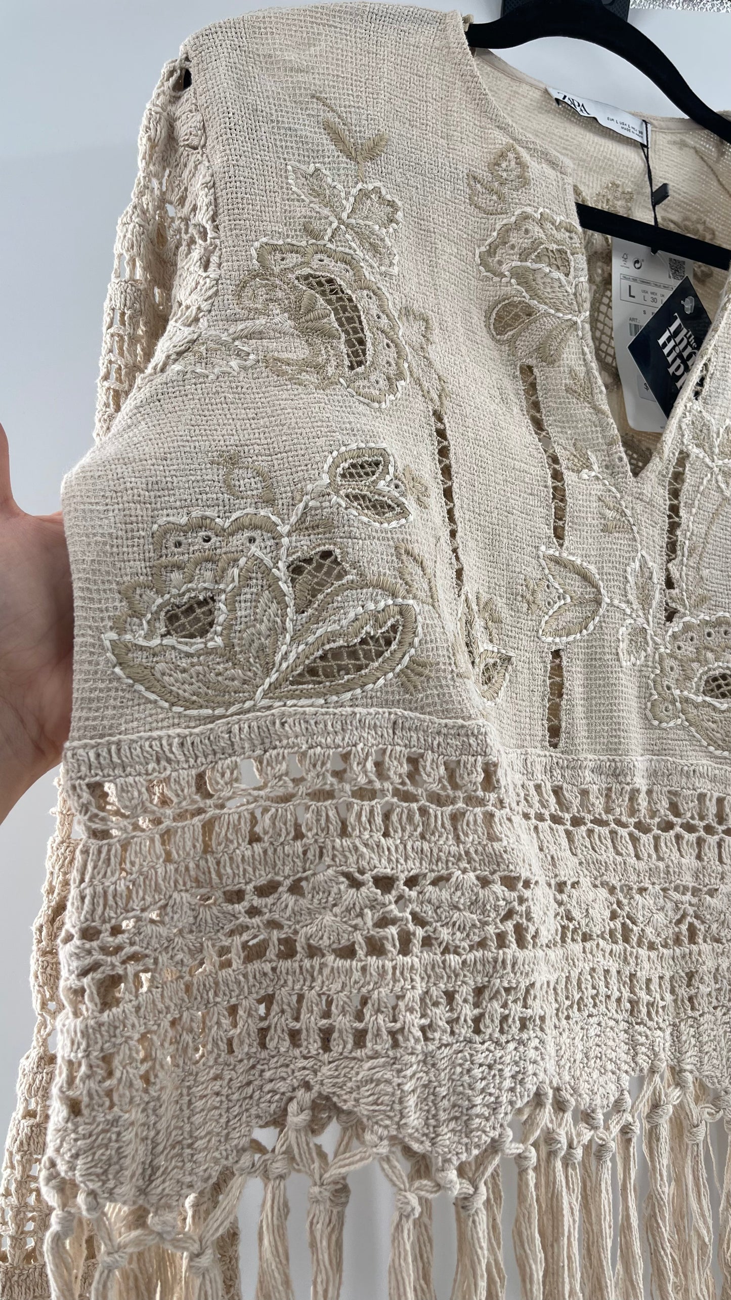 Zara Beige Gauze, Crochet, Embroidered Tunic Blouse (Large)