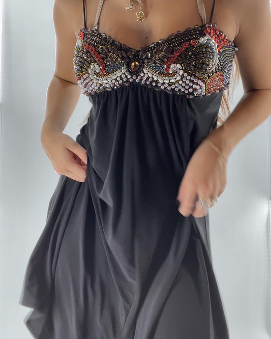 MIGNON black dress with beaded neckline (6)