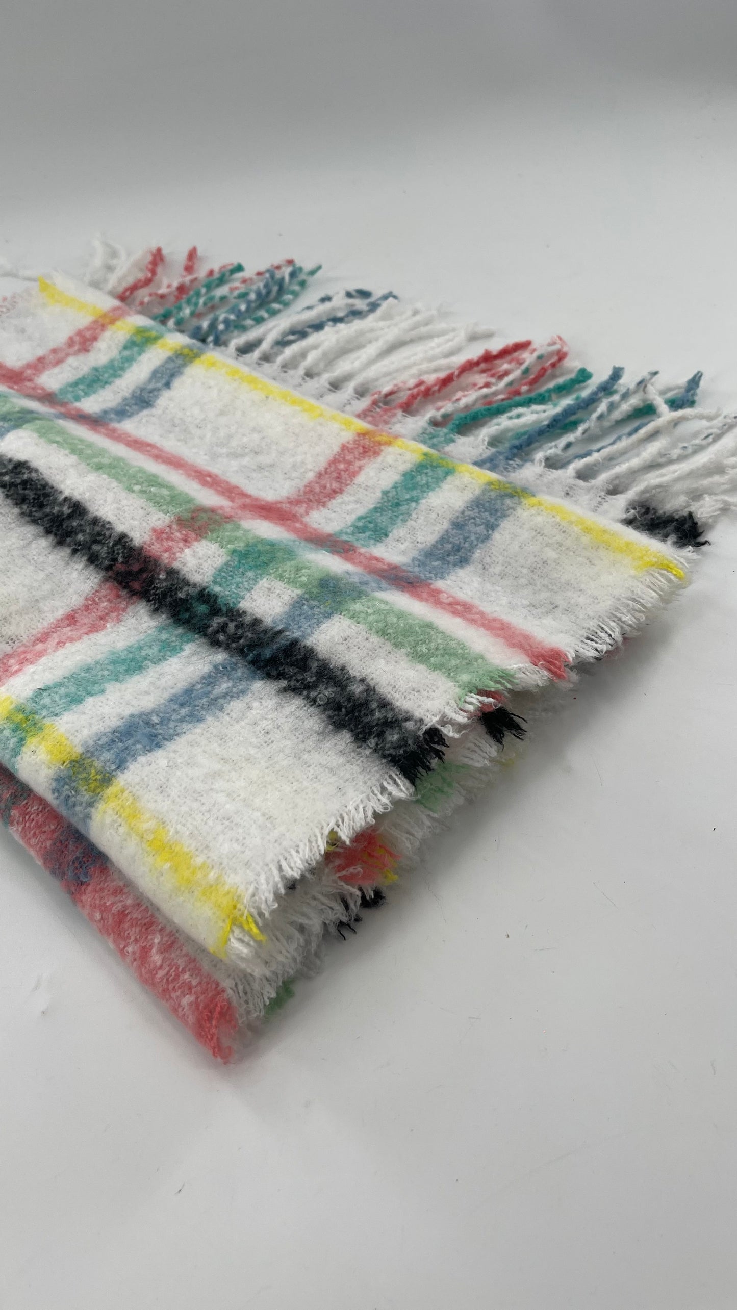 Aerie White Scarf with Colorful Flannel Pattern + Fringe