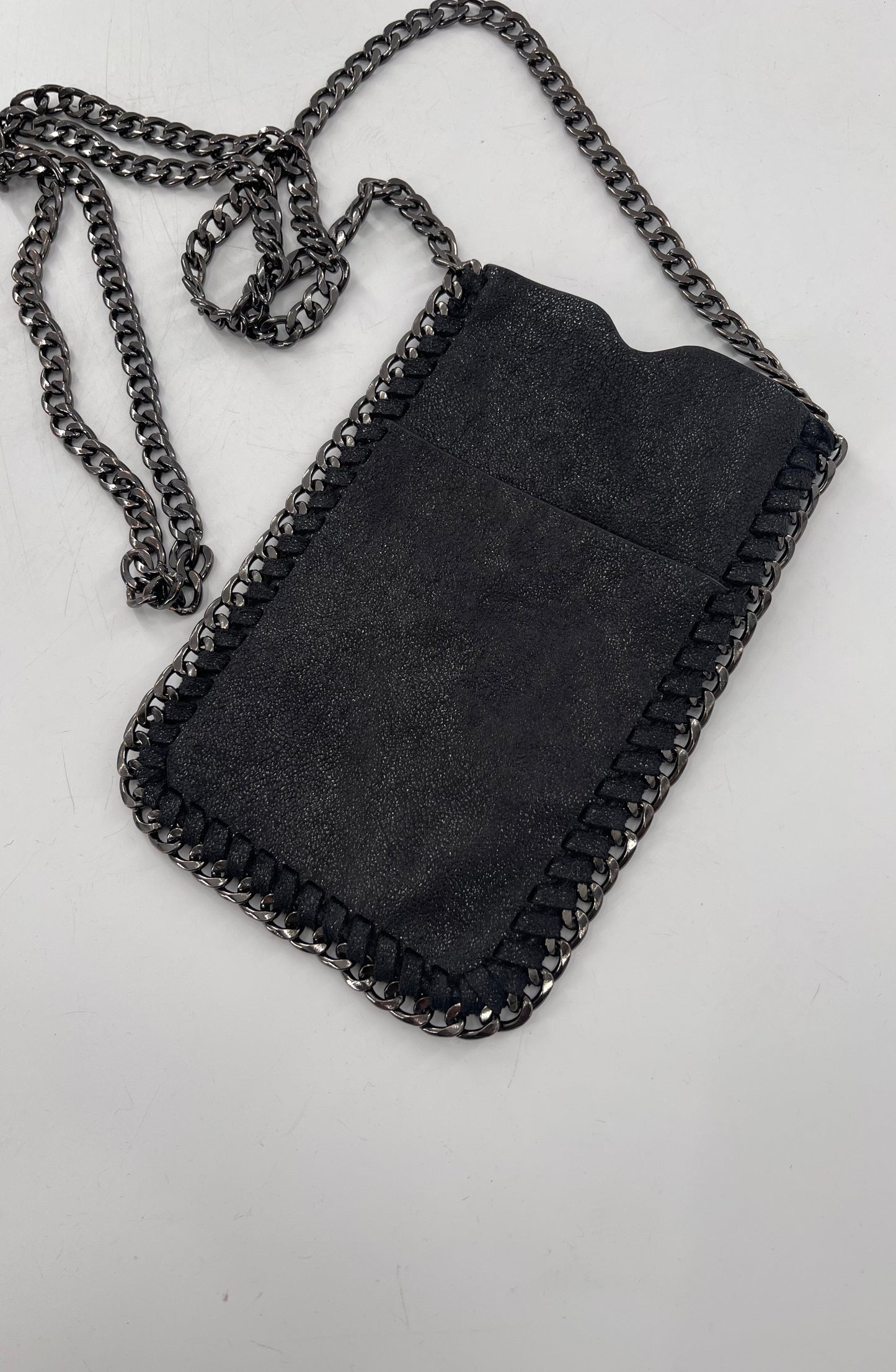 Metallic Black Leather Chain Lined Phone Pouch