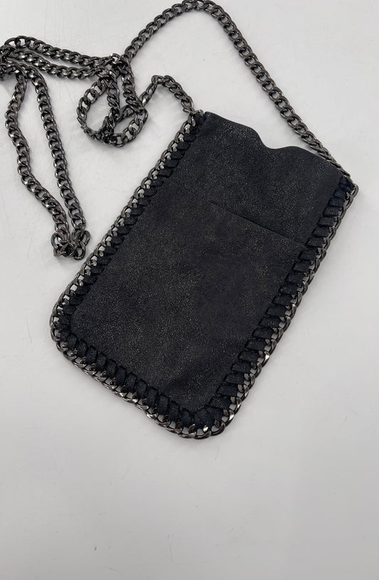 Metallic Black Leather Chain Lined Phone Pouch