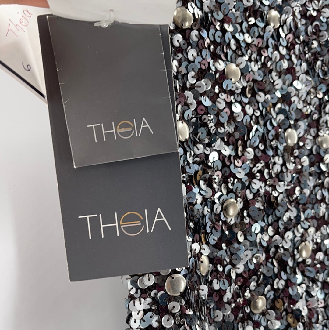 Theia (Vintage With Tag) Sequin and Beaded Mixed Metal Tones Sleeveless V Neck Midi Dress (Size 6)