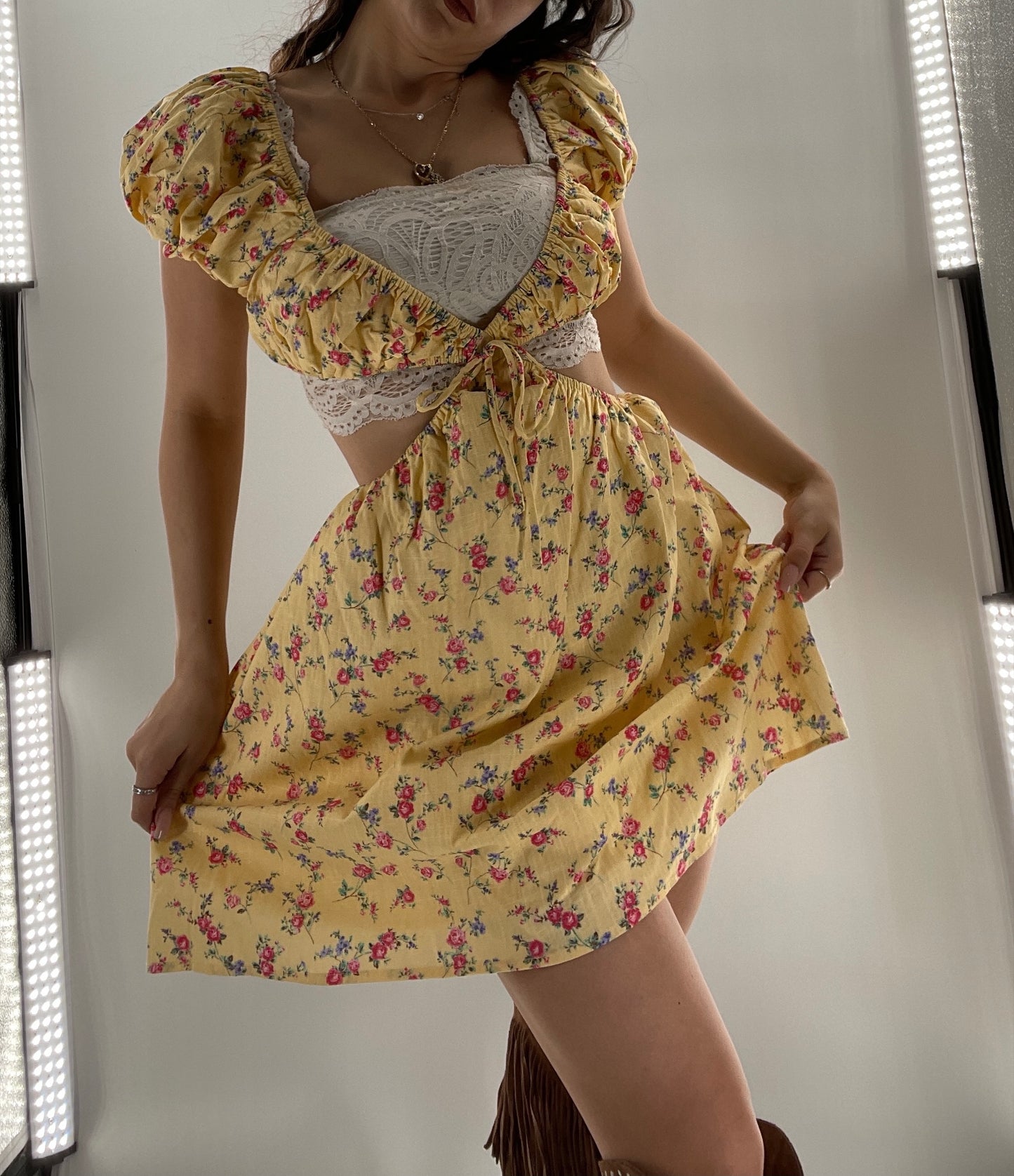 Yellow Cut Out Floral Dress (Small)