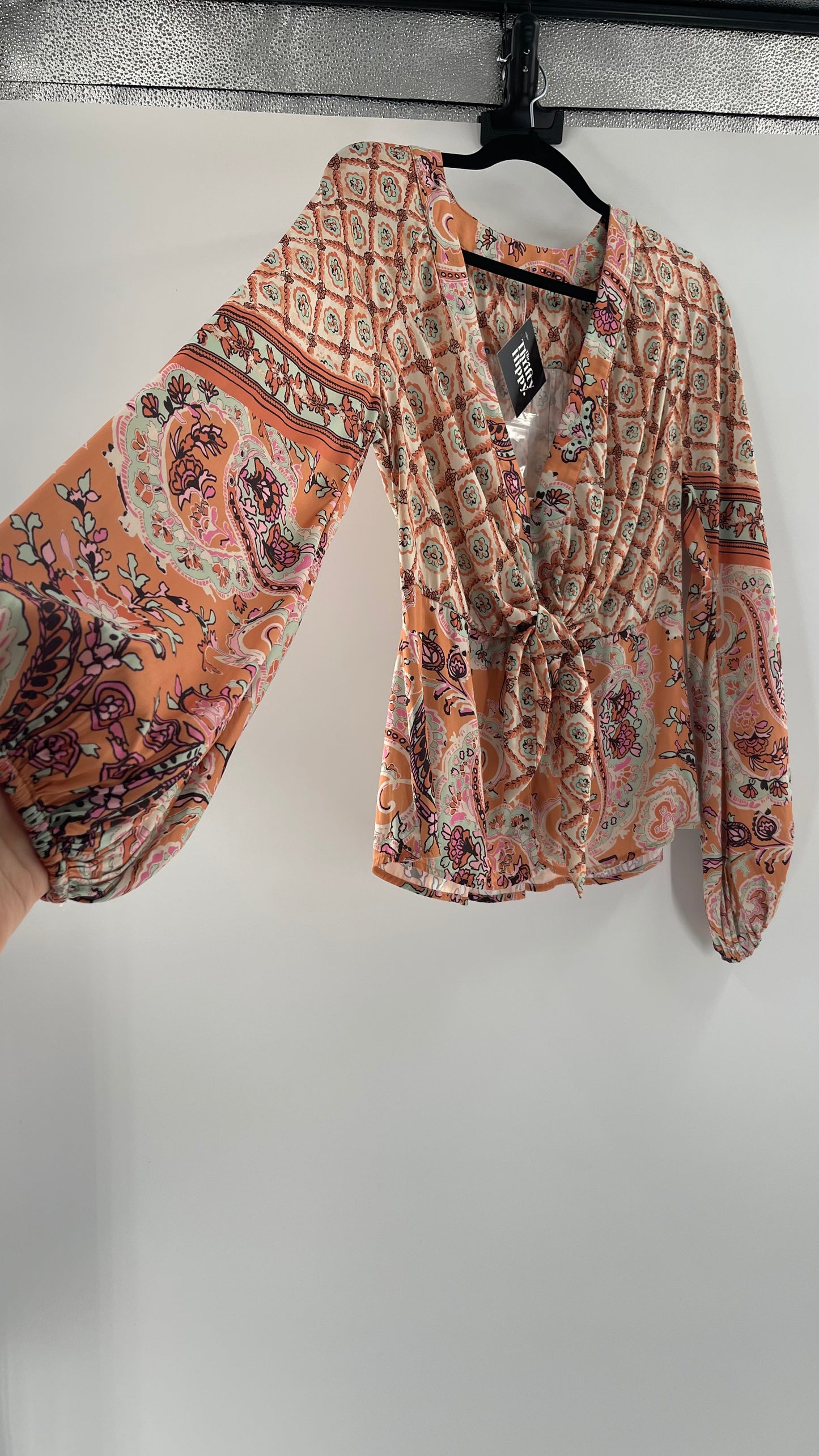 Free People Silky Orange Paisley Tie Front Blouse (M)