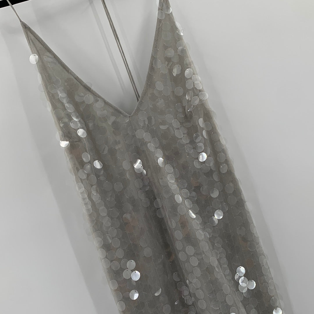 Motel Urban Outfitters - Grey Transparent Sequin Disk Midi Dress (Size Large)