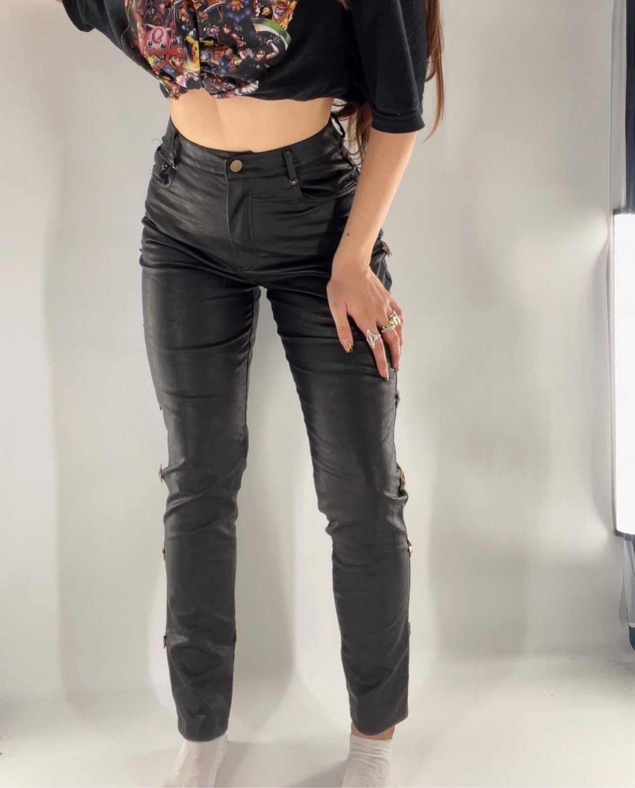 Jagger & Stone Faux Leather Pants with Metal Stars (Sz 6)