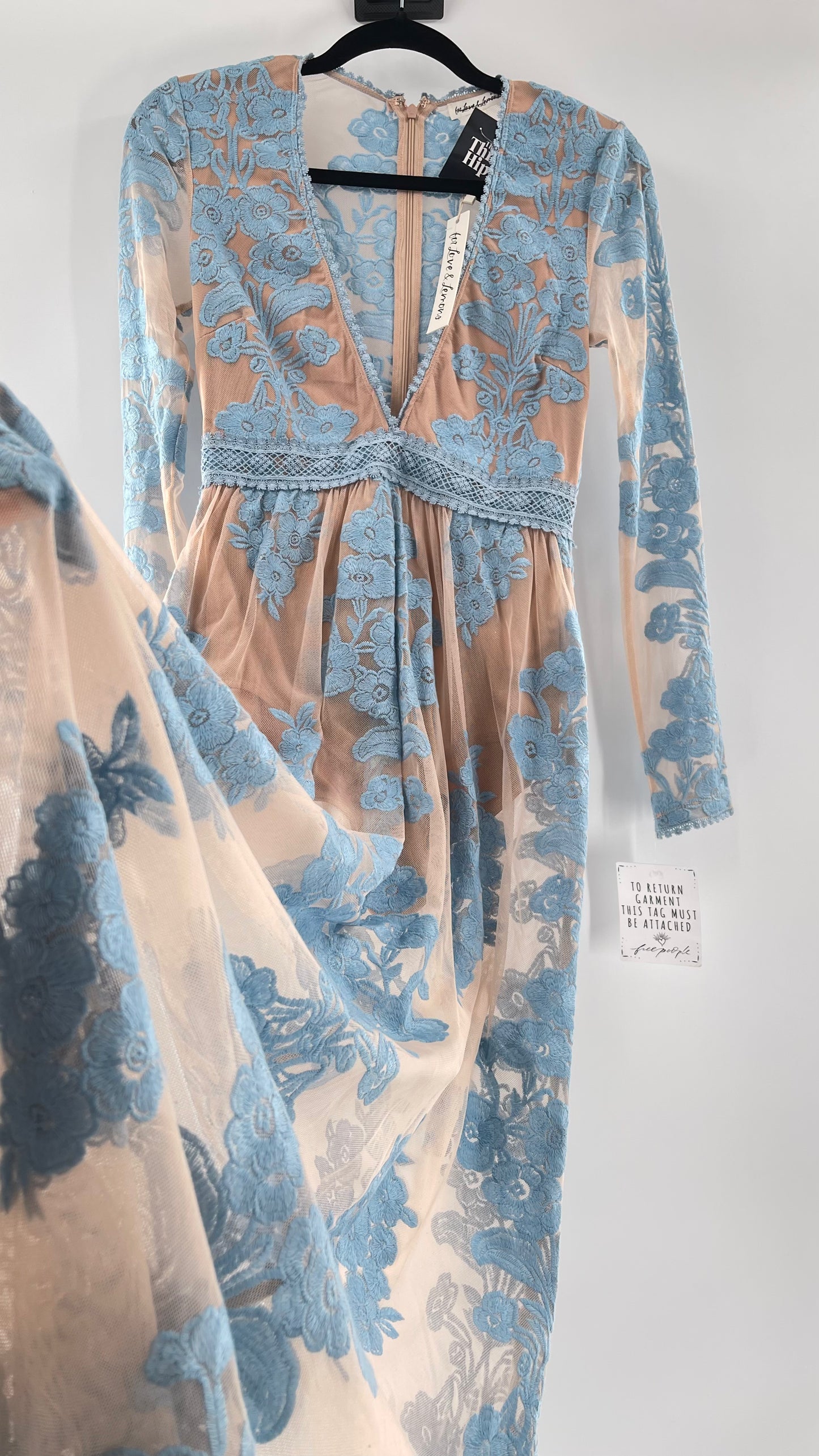 For Love and Lemons Powder Blue Embroidered Temecula Maxi Dress