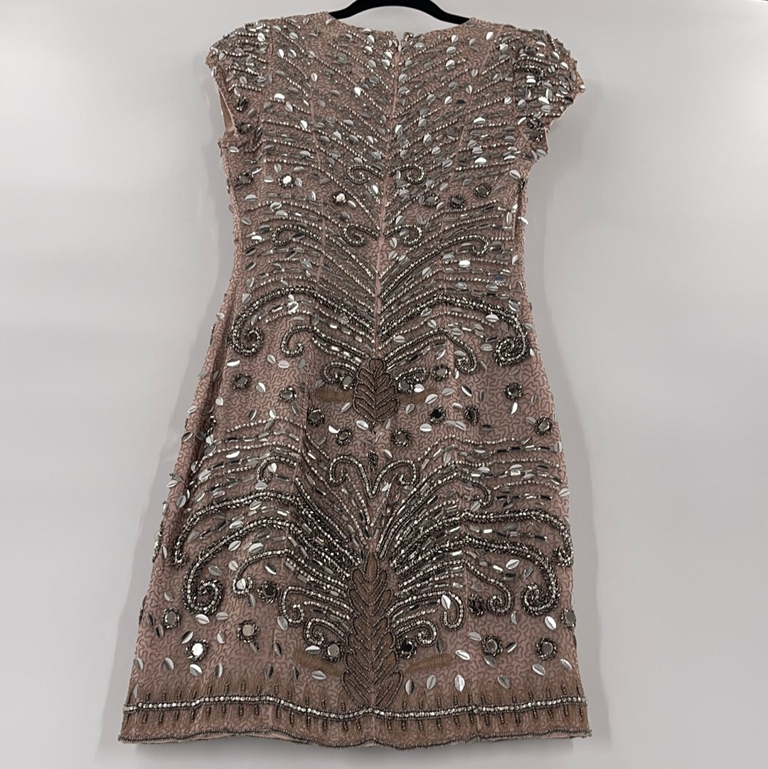 Parker Black Beige Beaded Midi Dress (Size 2)