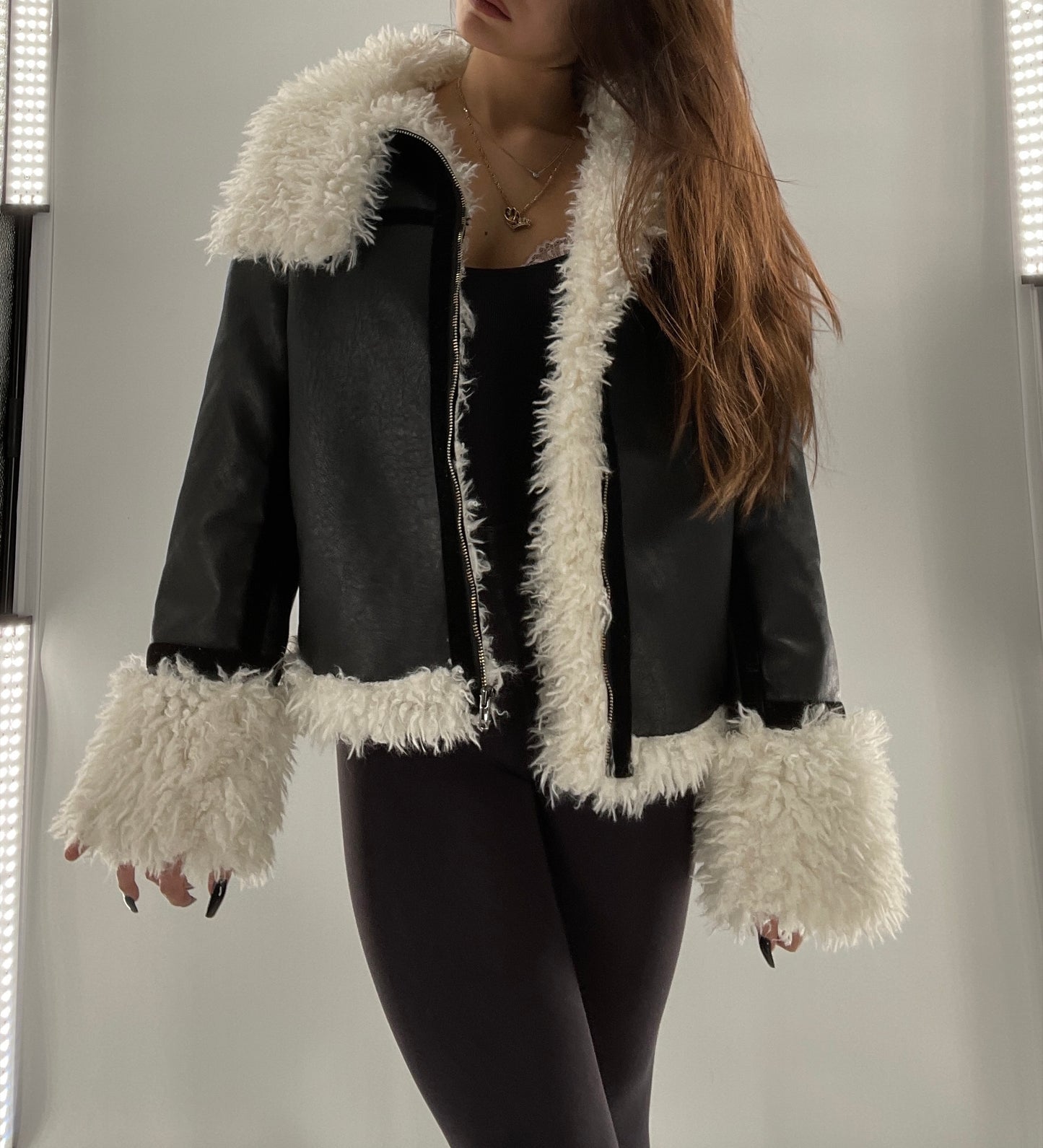 LIONESS Phoenix Jacket Black Faux Leather White Fur Trim (XS)