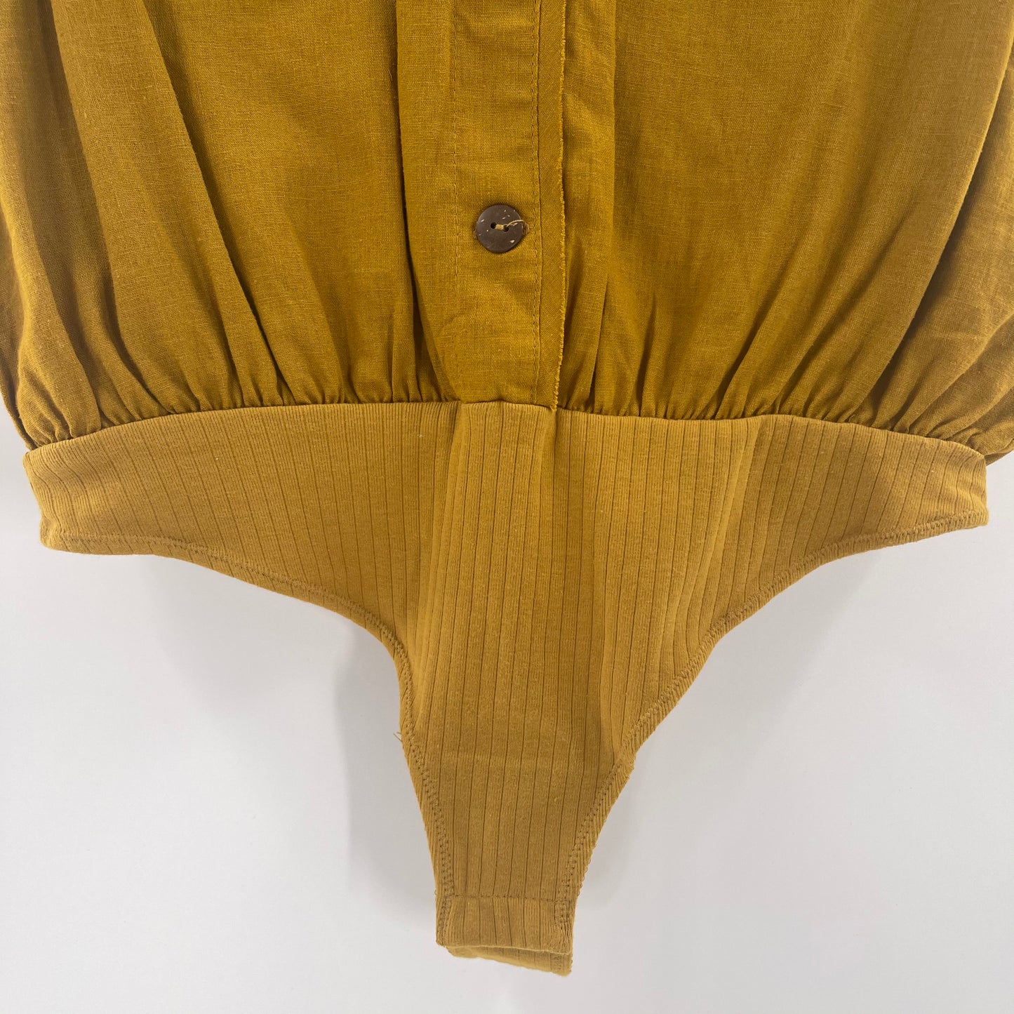 Intimately Free People Short Sleeve Mustard Yellow Bodysuit With Pockets and Wooden Buttons (Size XS)