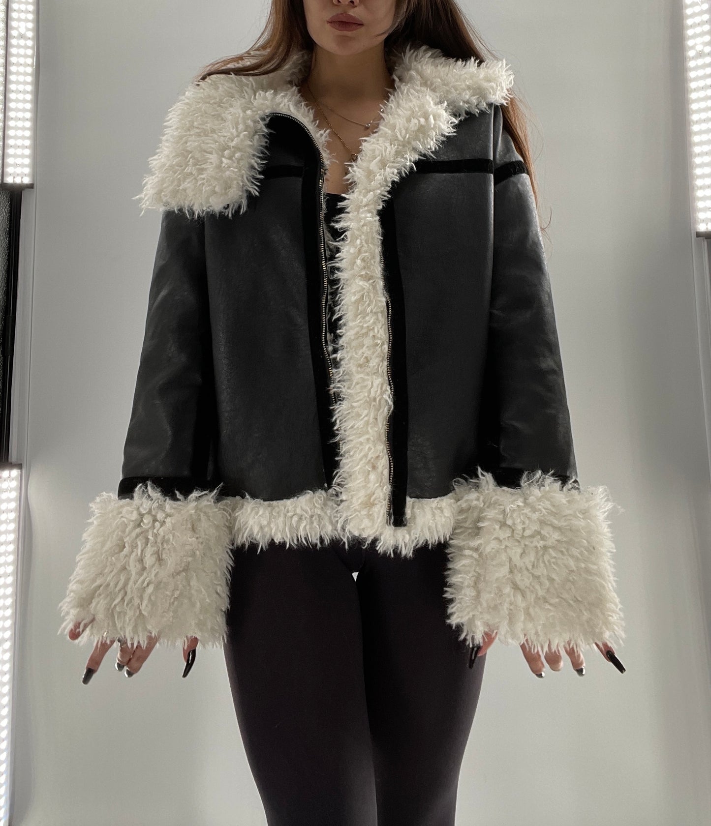 LIONESS Phoenix Jacket Black Faux Leather White Fur Trim (XS)