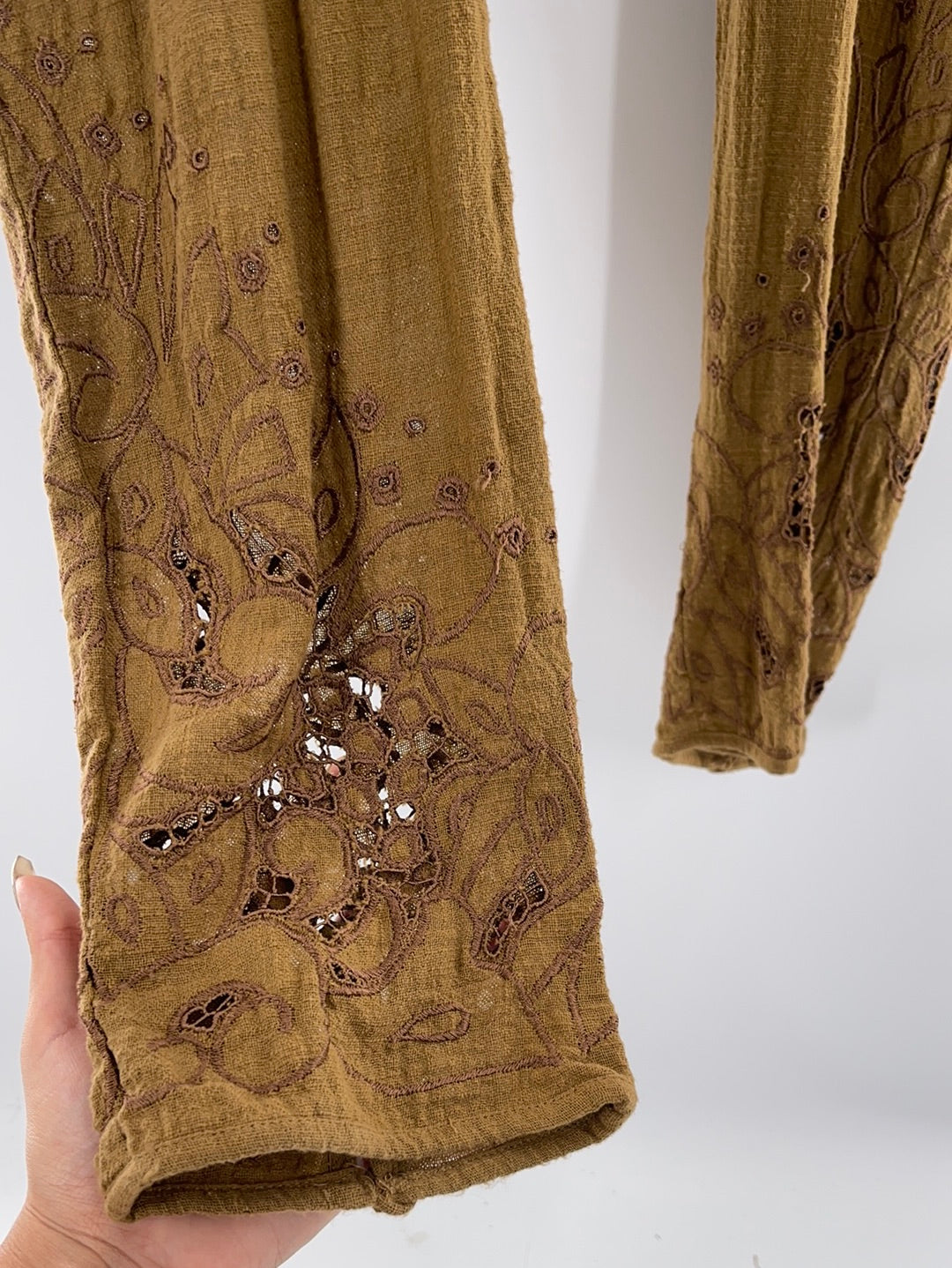 Free People - One Teaspoon - Tobacco Long Sleeve Embroidered Laser Cut Details Adjustable Drawstring Waist Line With Side Pockets Backless Jumpsuit (Size Small) - WITH TAG -