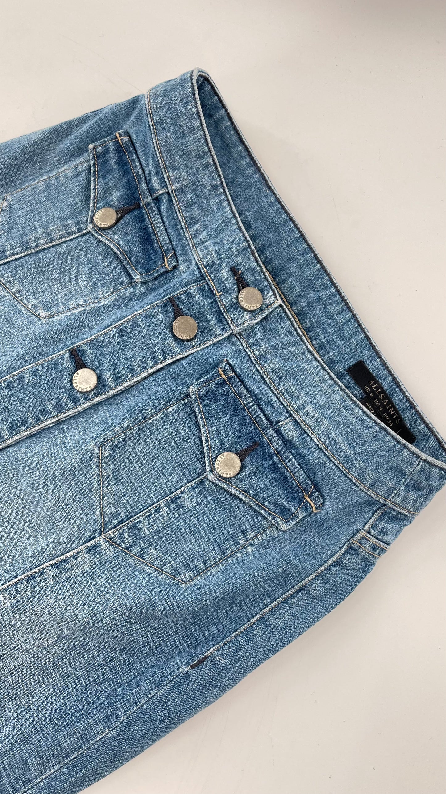 ALLSAINTS Light Wash Button Front Knee High Skirt (4)
