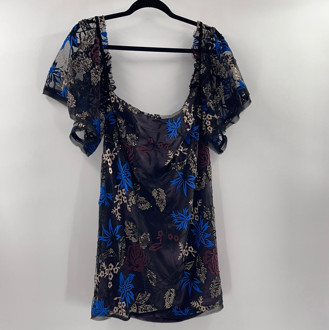 Urban Outfitters - Embroidered Blue / Gold Flower Pattern Mini Dress (Size Medium)