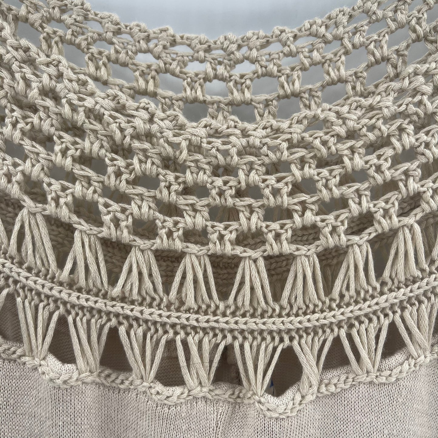 Free People - We The Free - Short Sleeve Light Beige Top with Crochet and Macrame Details on Neckline (Size XL)