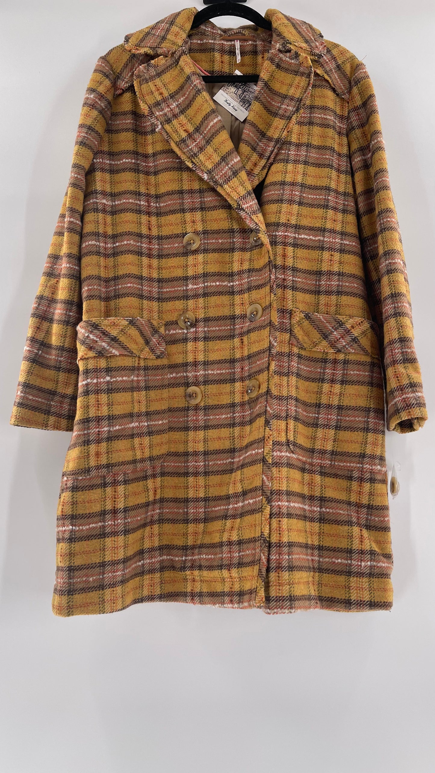Free People Mustard  Plaid Coat - Size XS