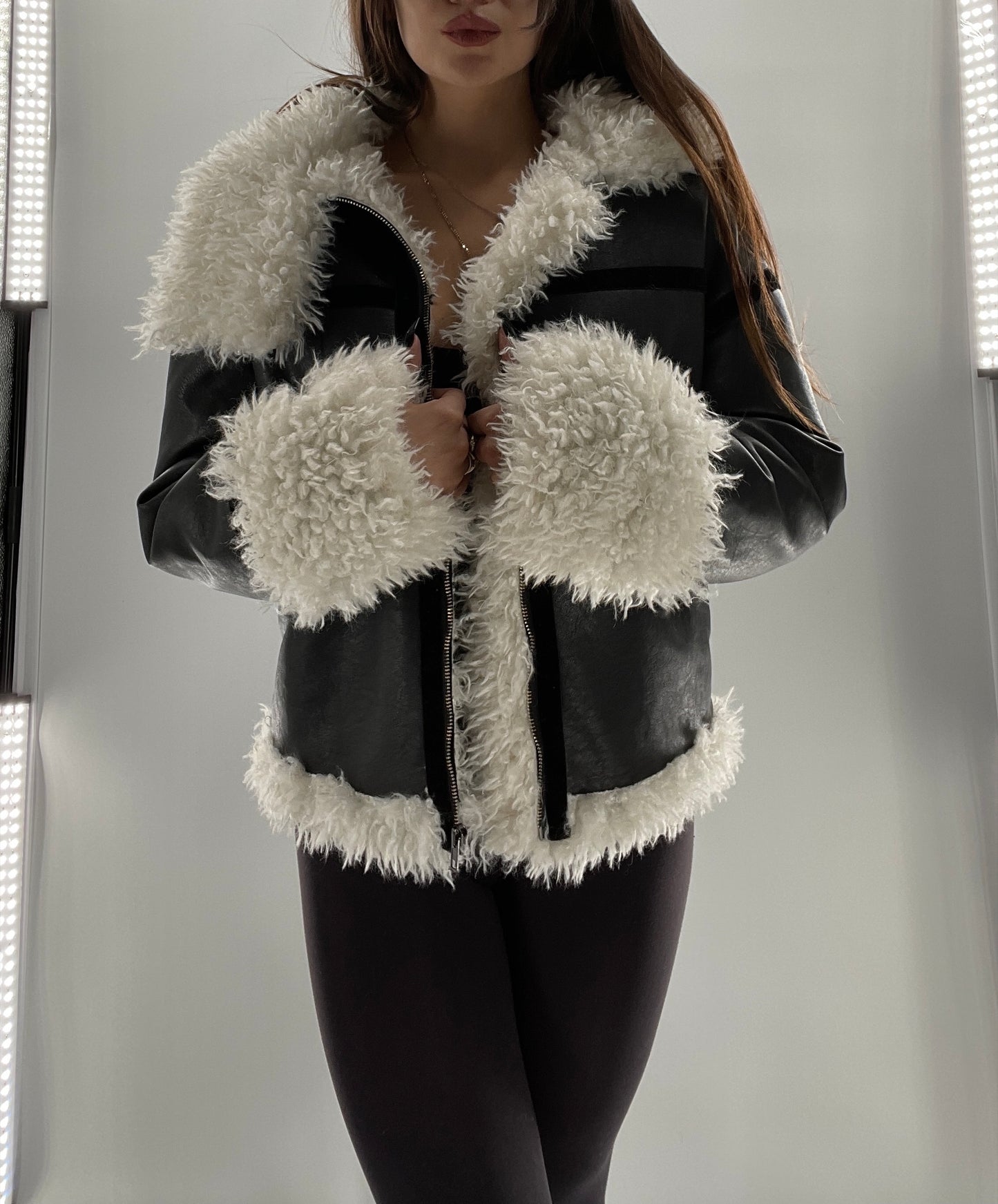 LIONESS Phoenix Jacket Black Faux Leather White Fur Trim (XS)
