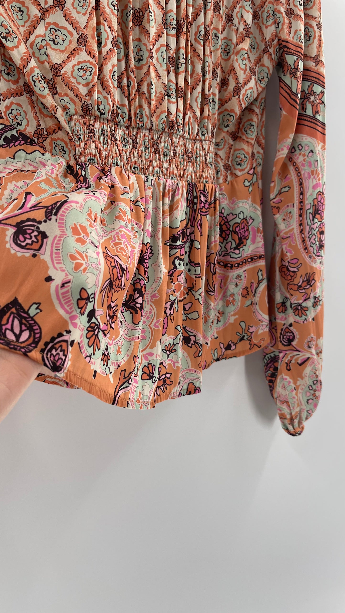 Free People Silky Orange Paisley Tie Front Blouse (M)