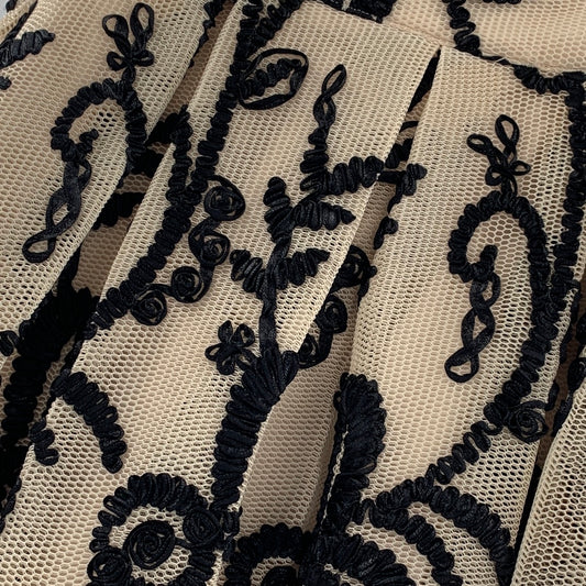 Anthropologie Beige Mesh with Embroidered Black Ribbon Pleated Skirt(Size XS)