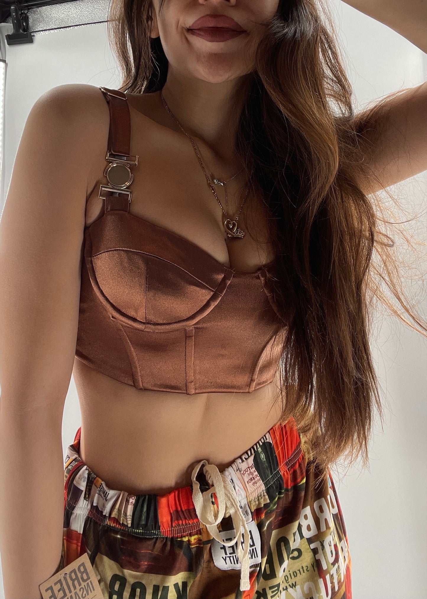 Princess Polly Brown Cropped Corset with Gold Medallion (2)