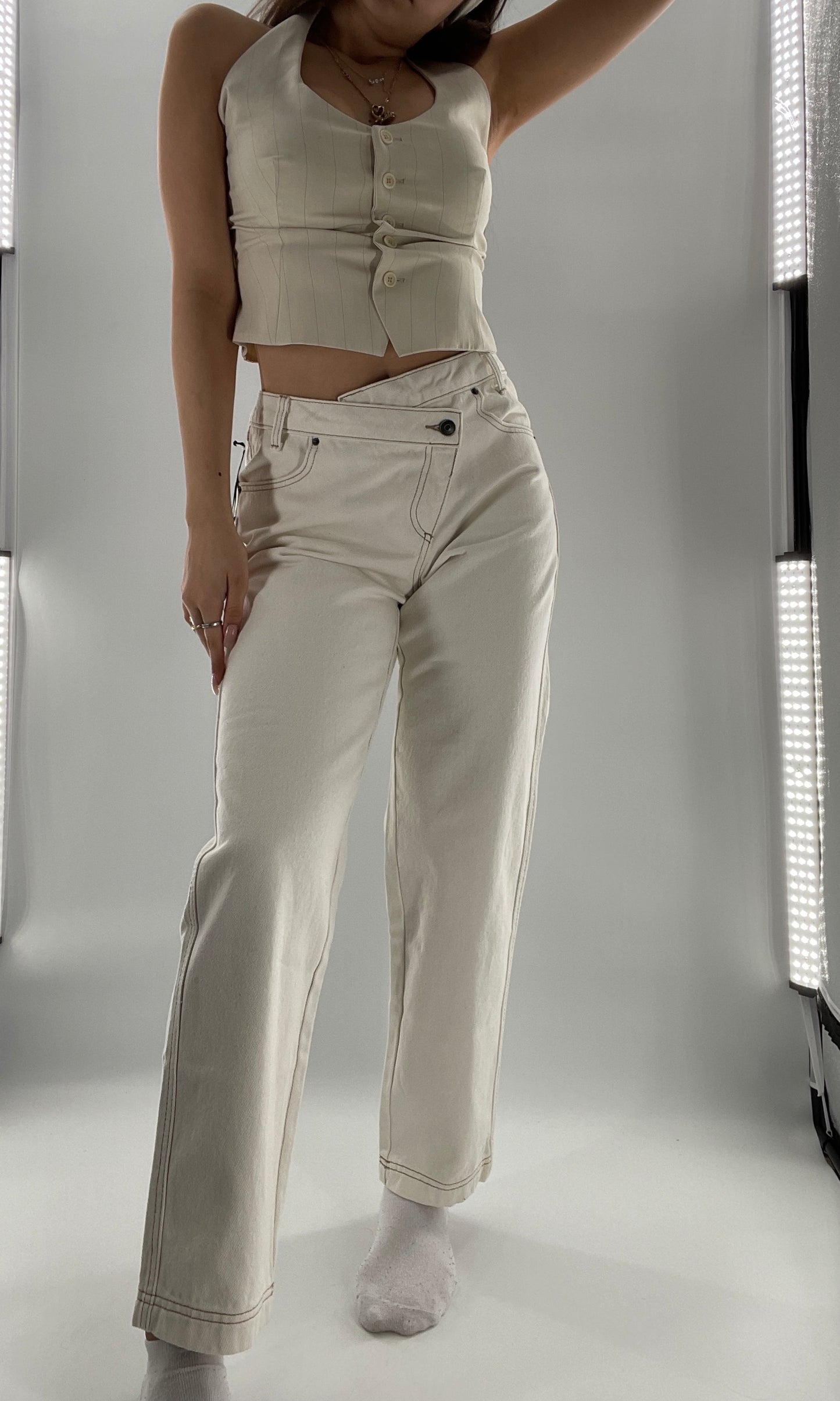 Future Collective Beige Mid Rise Tapered Leg Jeans Assymetric Waistline (4)