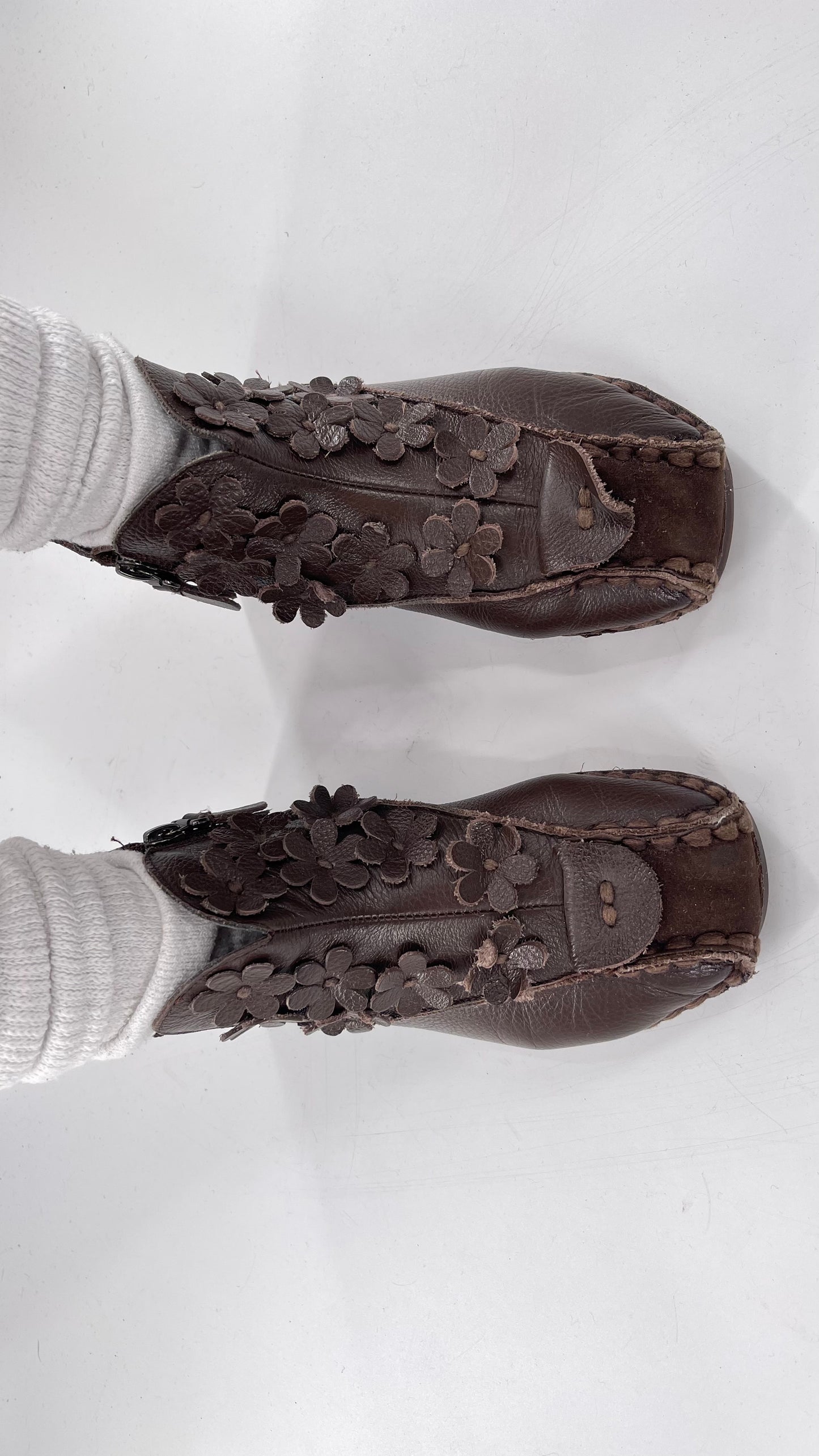 Handmade Brown Leather Flower Power Booties (38)