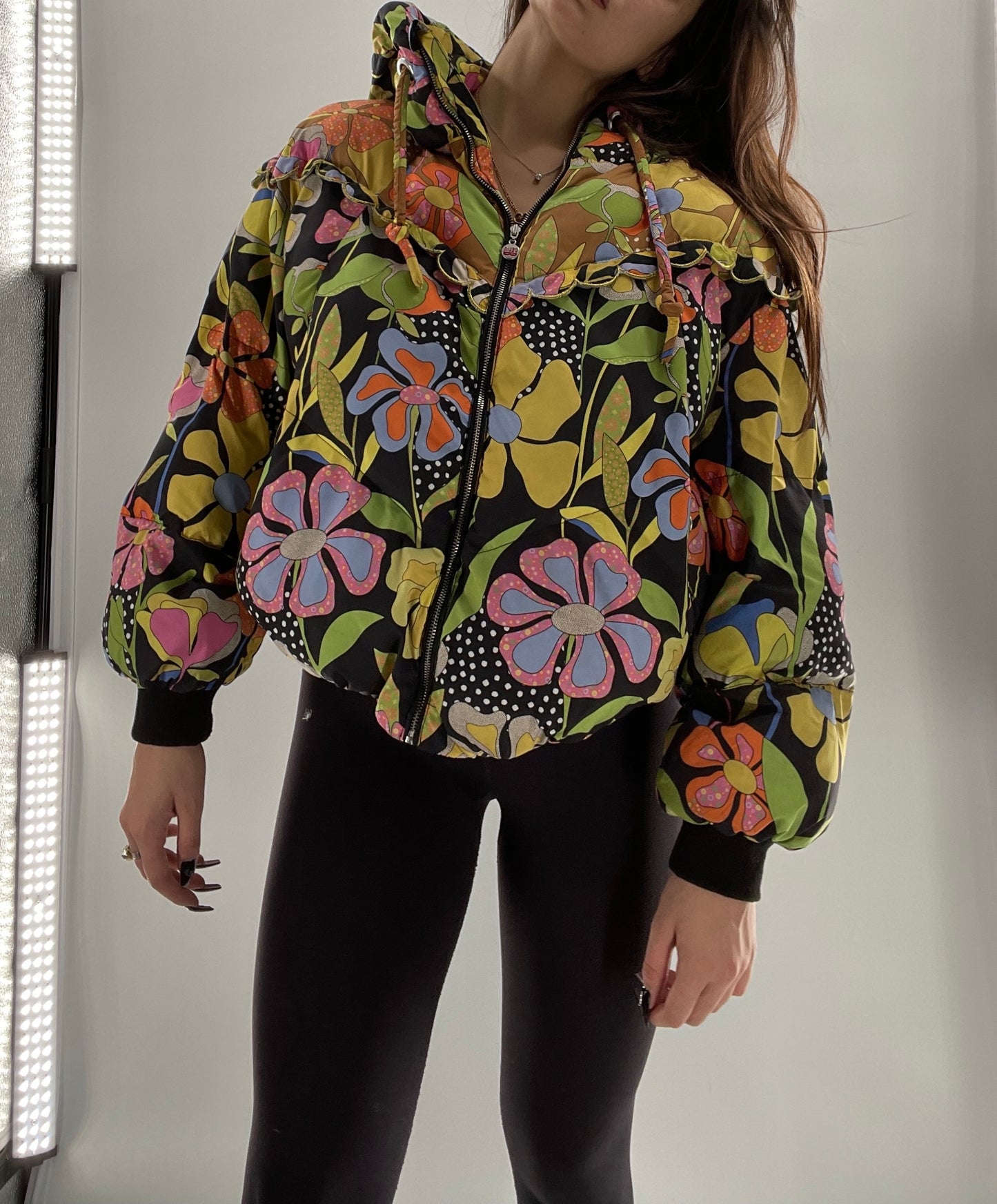 CELIA B Oregon Black Puffer with Contrast Colorful Flowers (Small)
