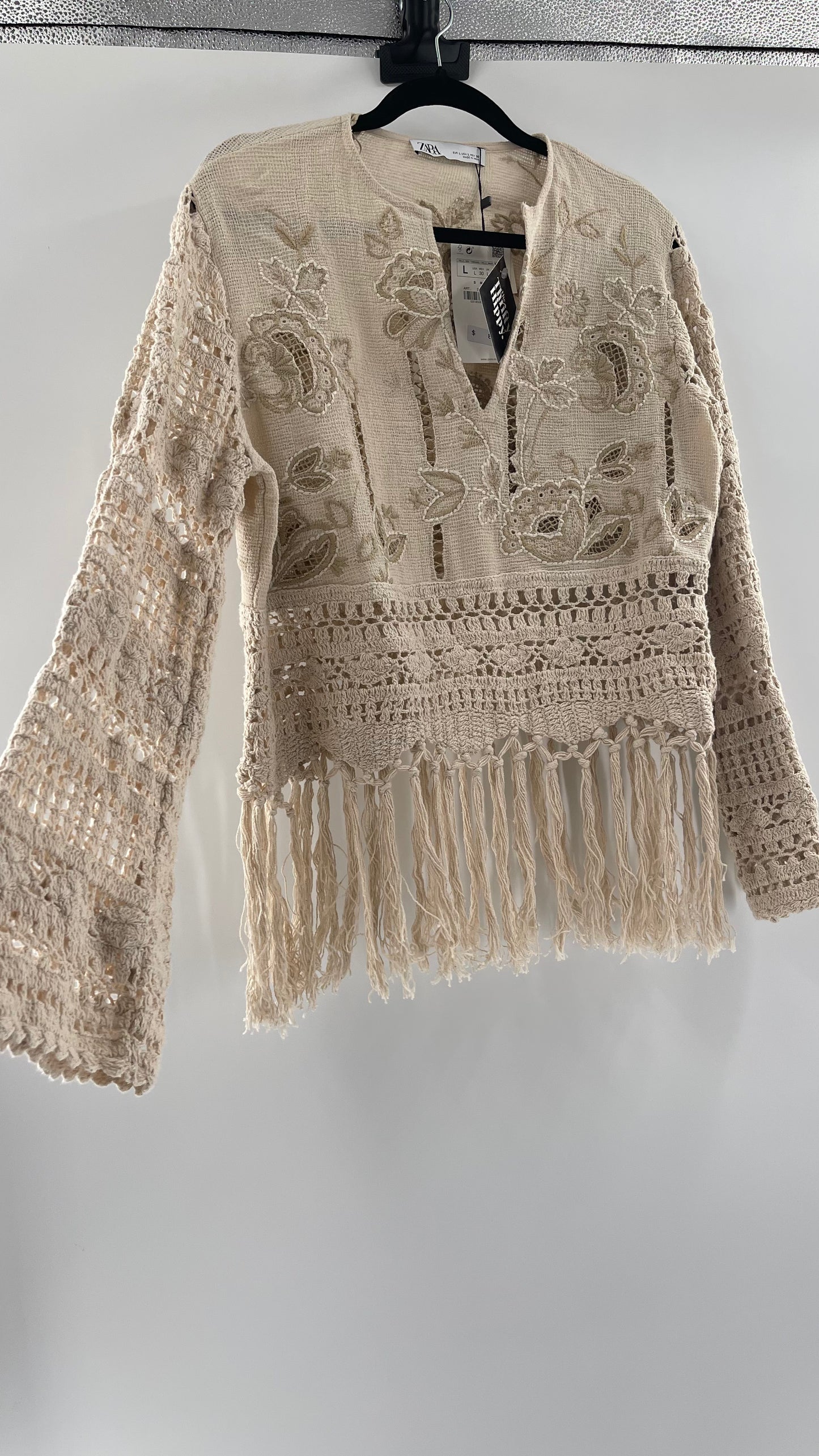 Zara Beige Gauze, Crochet, Embroidered Tunic Blouse (Large)