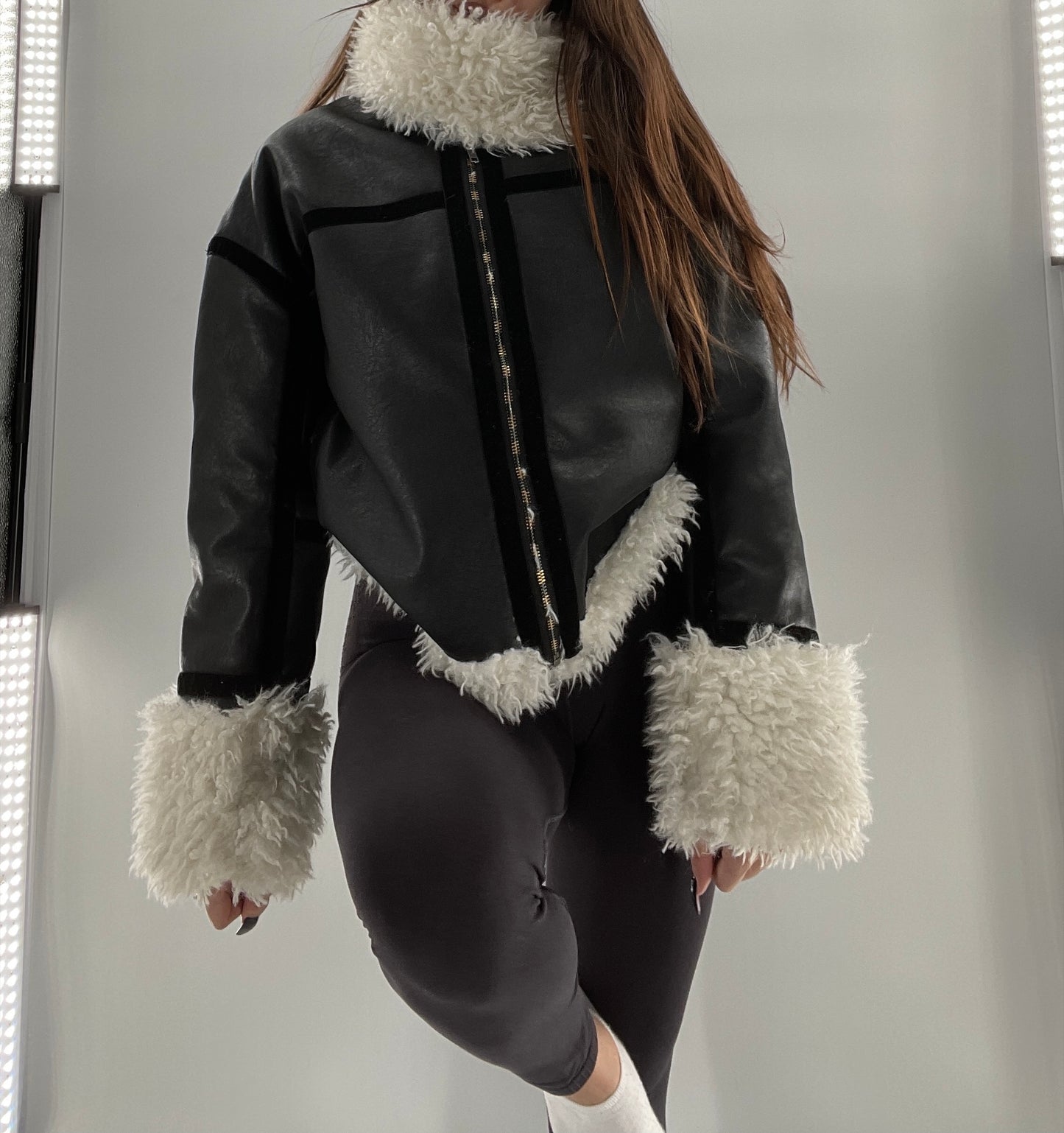 LIONESS Phoenix Jacket Black Faux Leather White Fur Trim (XS)