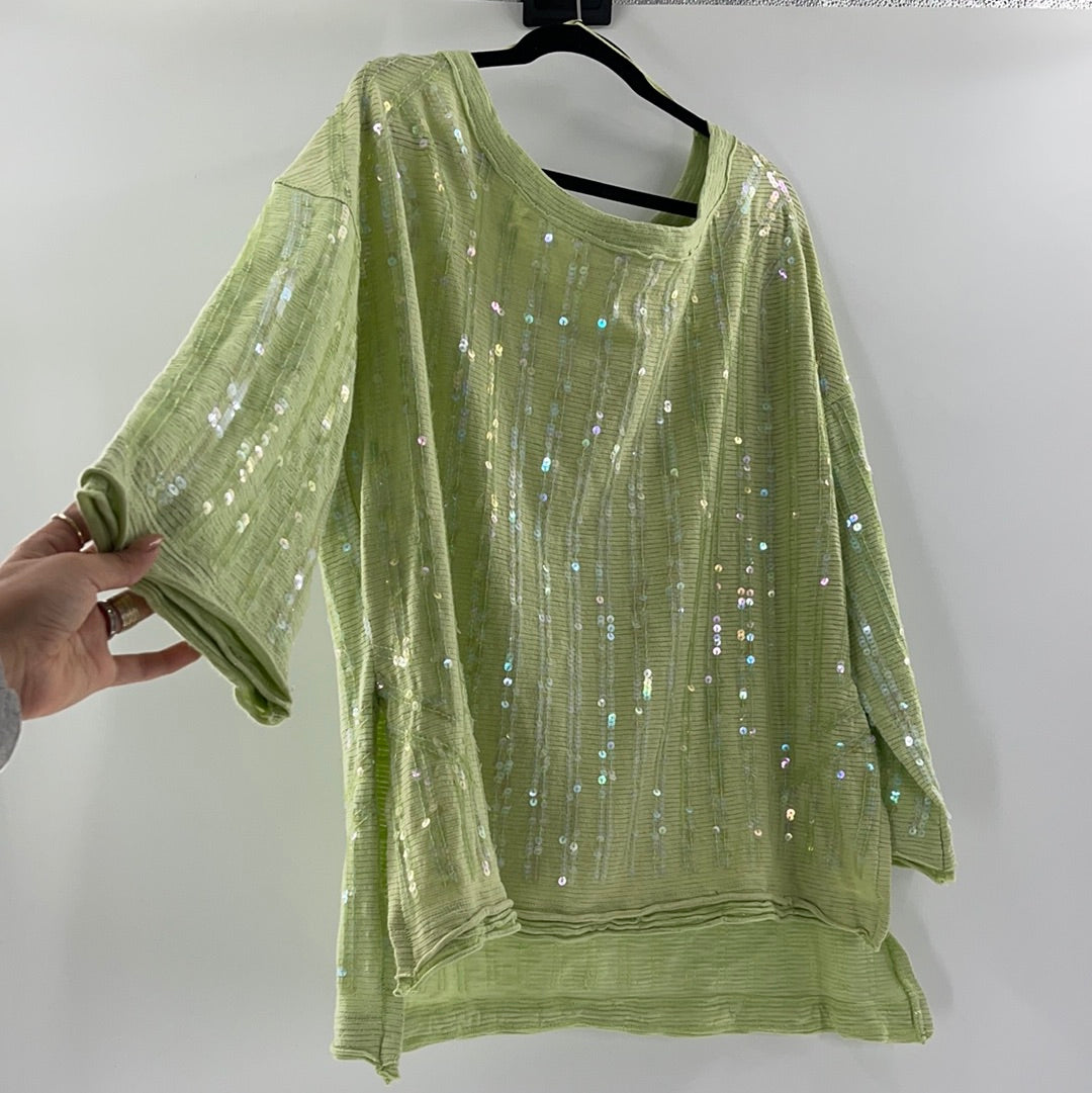 Free People Lime Green with Iridescent Sequin High Low Sweater (Size Small)