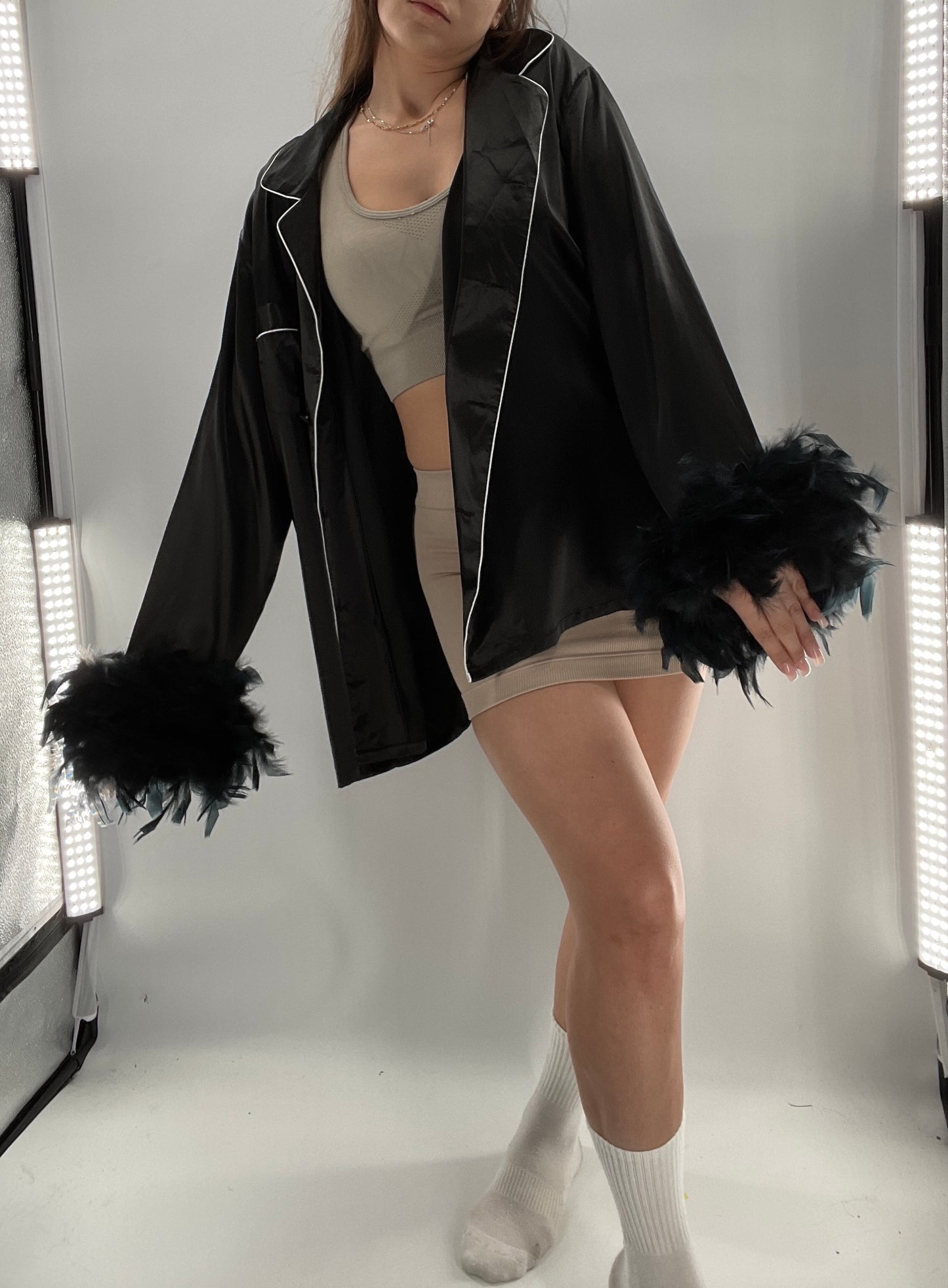 Lonxu Black Satin Pijama Top with Ostrich Feather Cuffs (XXL)