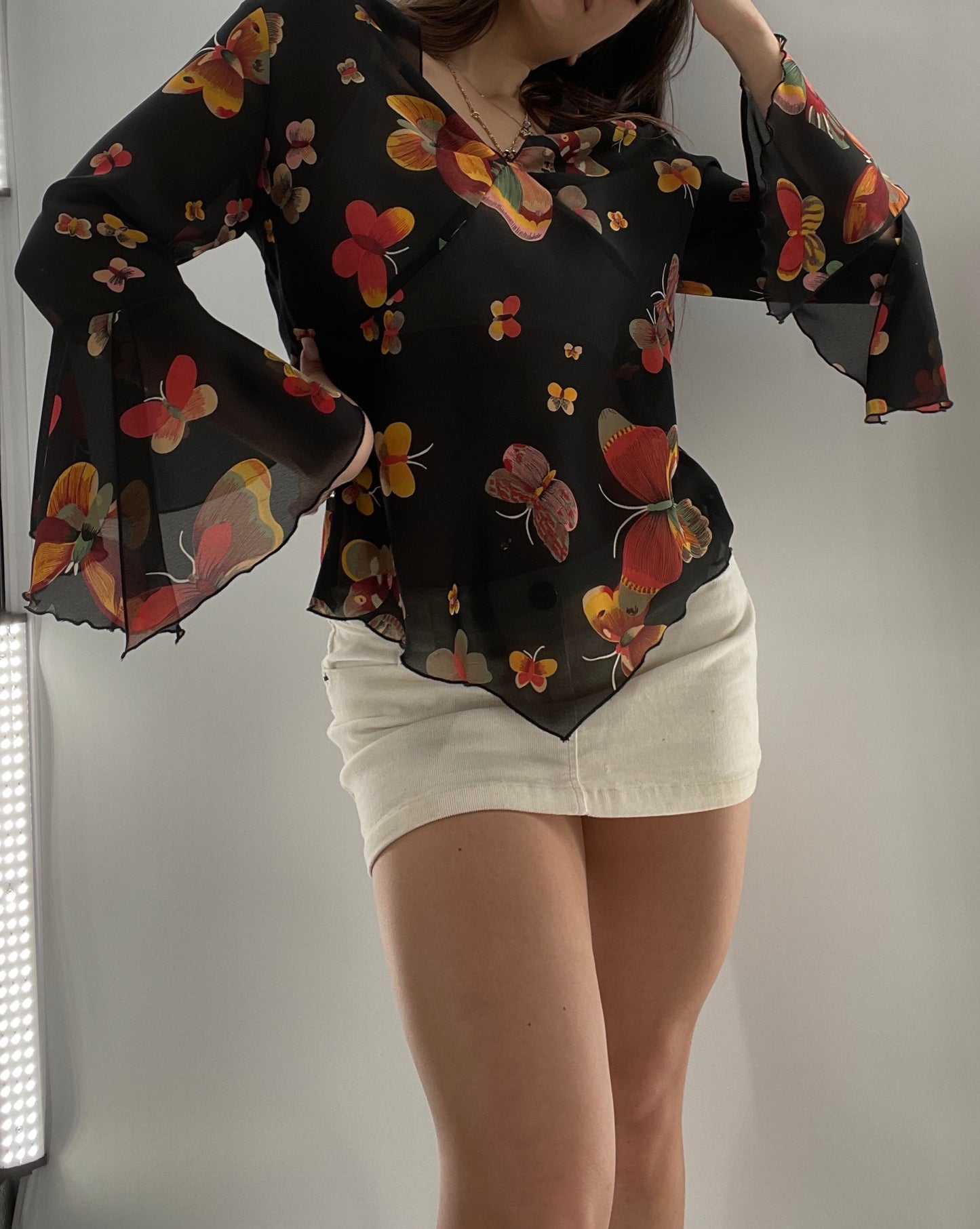 Vintage Butterfly Printed Sheer Bell Sleeve (S)