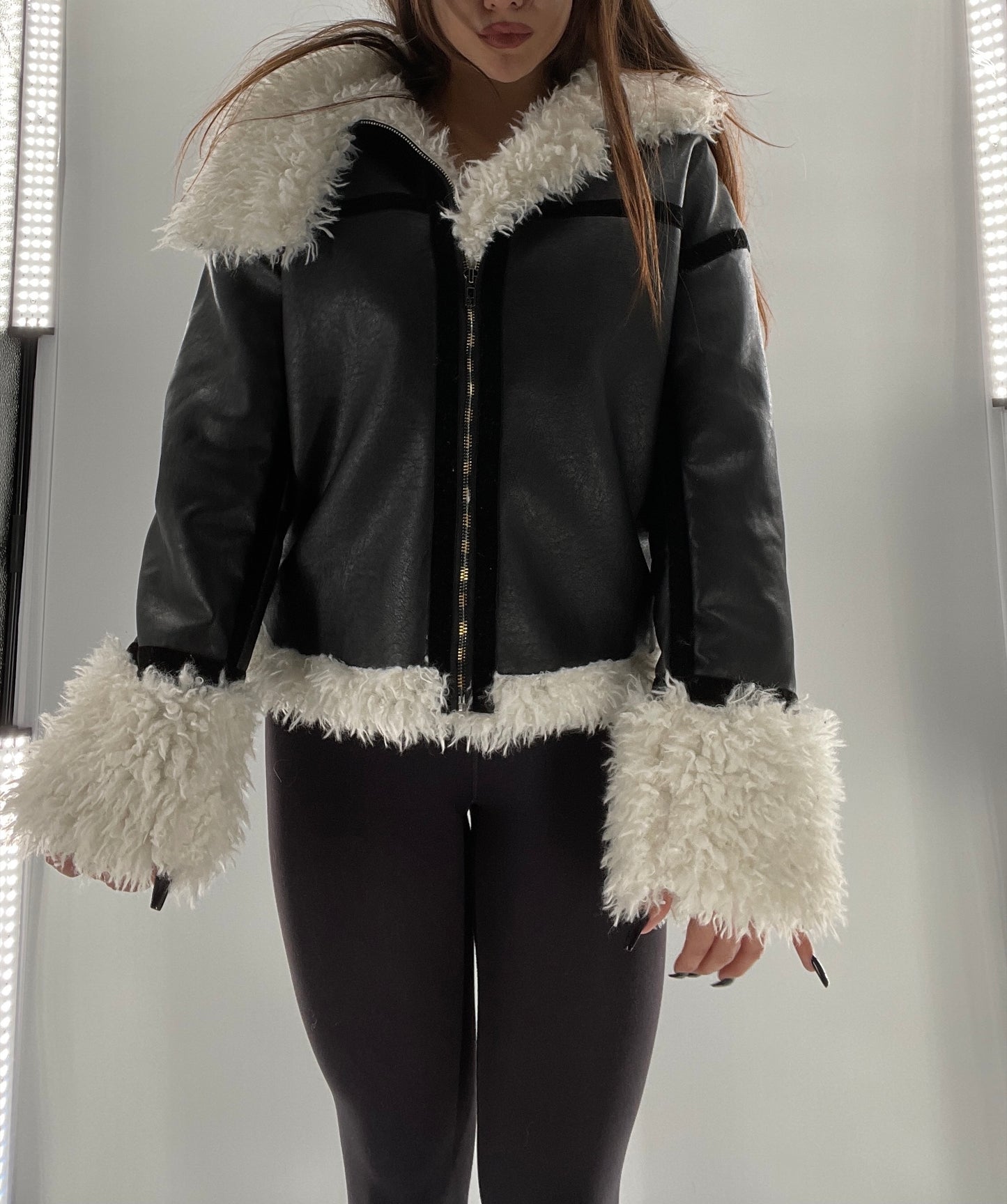 LIONESS Phoenix Jacket Black Faux Leather White Fur Trim (XS)