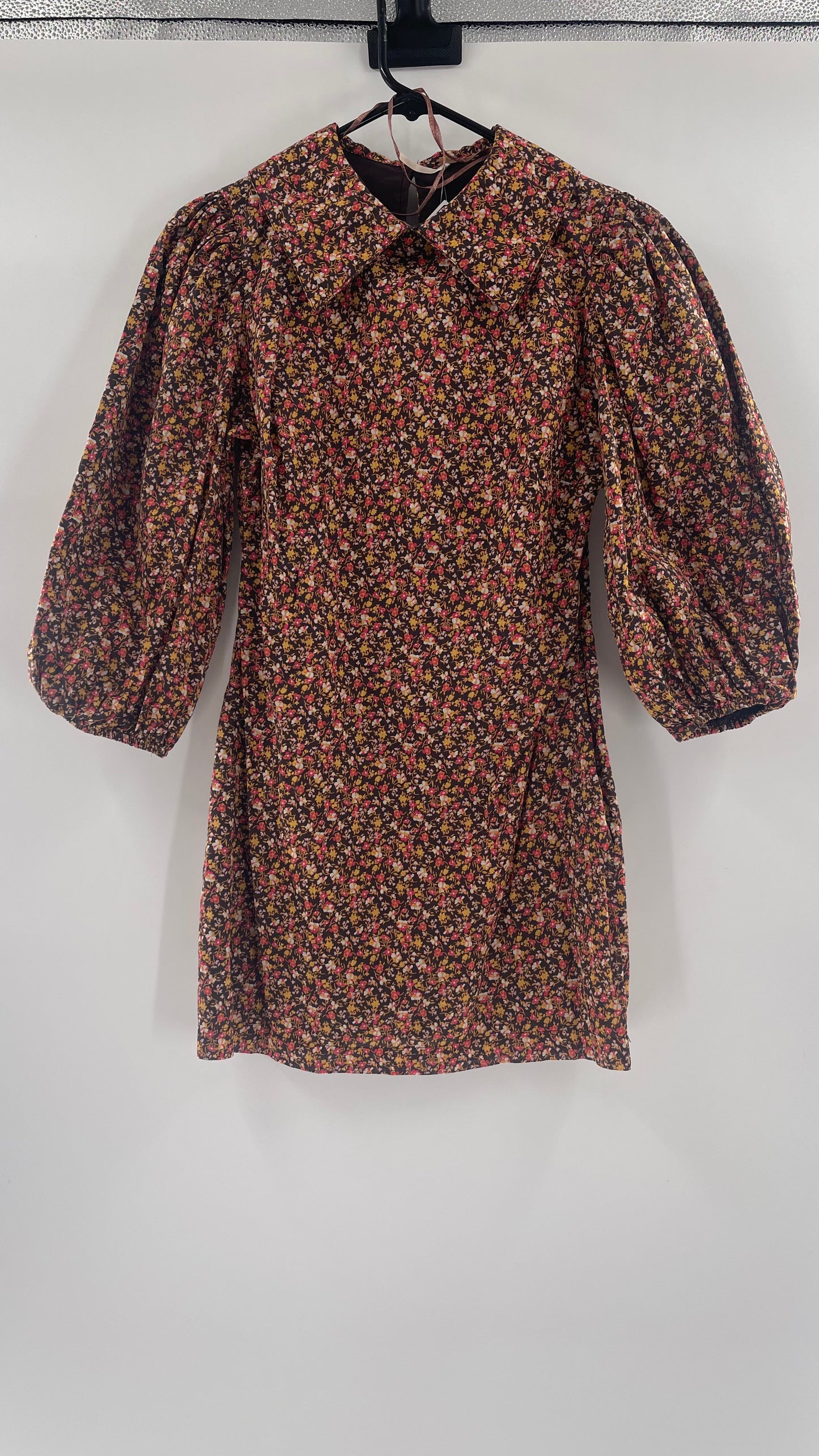 Free People Flowered Brown Print Ballon Sleeve Mini Dress With Collar (Size 2)