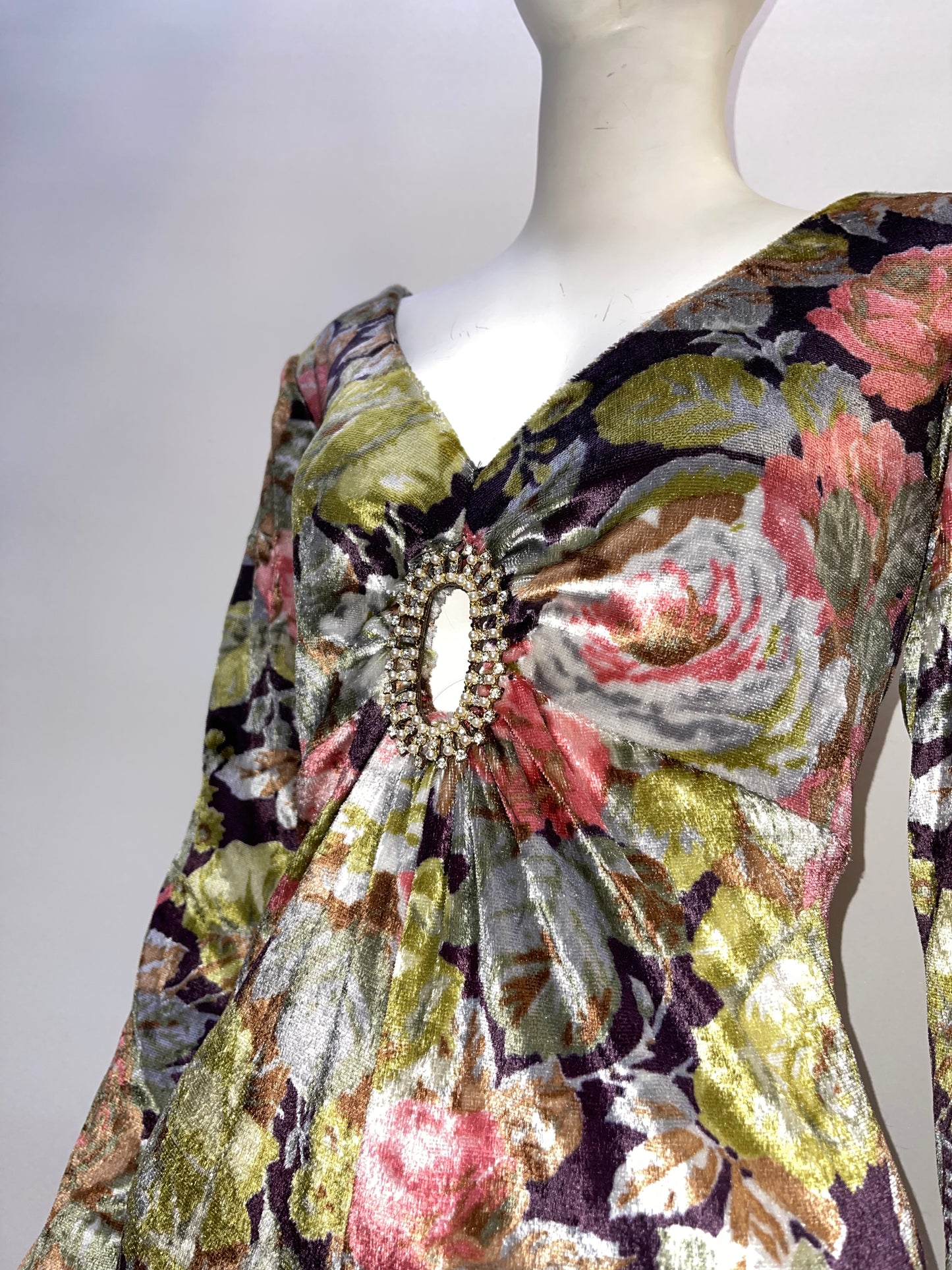 Workers Union (Vintage) Handmade Flowered Velour With Rhinestone Broche Maxi Dress (Sized M)