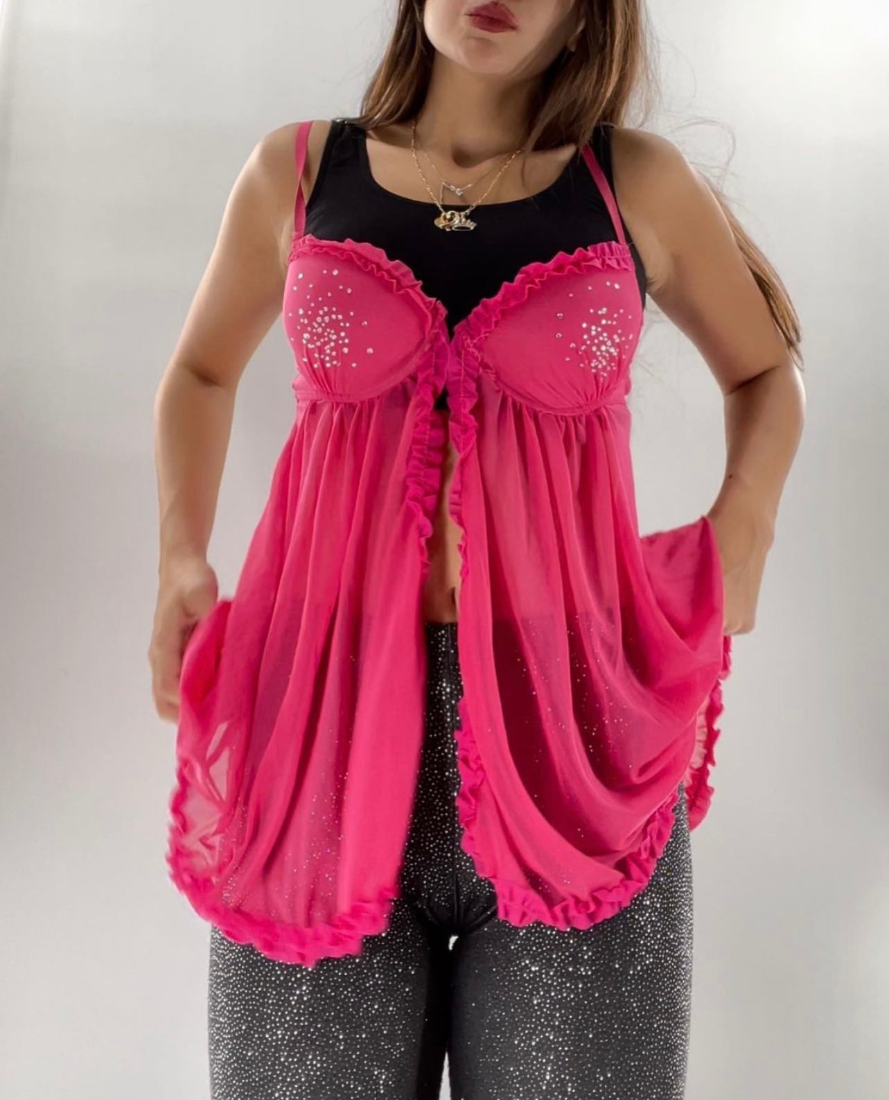Vintage Hot Pink Mesh Babydoll (Medium)
