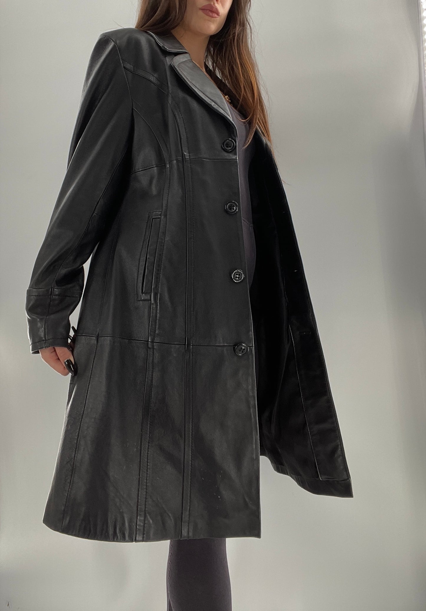 Vintage Black Leather Collared Midi Coat (Small)