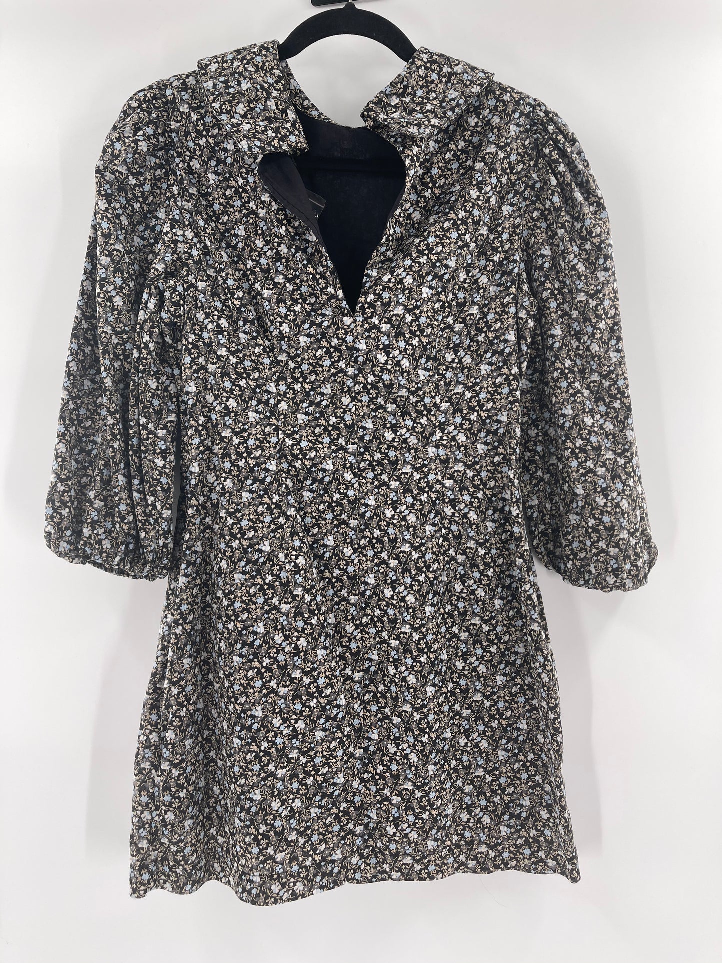 Free People Flowered Black Print Ballon Sleeve Mini Dress With Collar (Size 4)