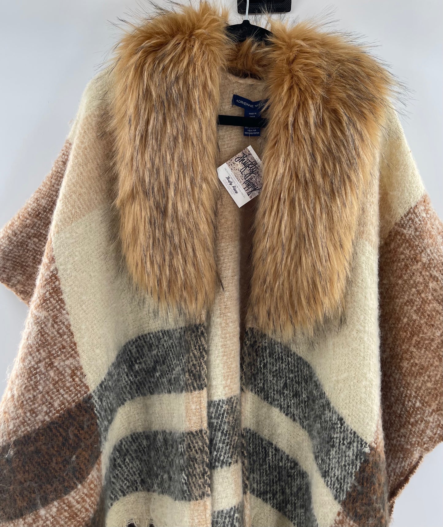 Adrienne Vitadinni Fringe Plaid Fur Collar Cape (OS)