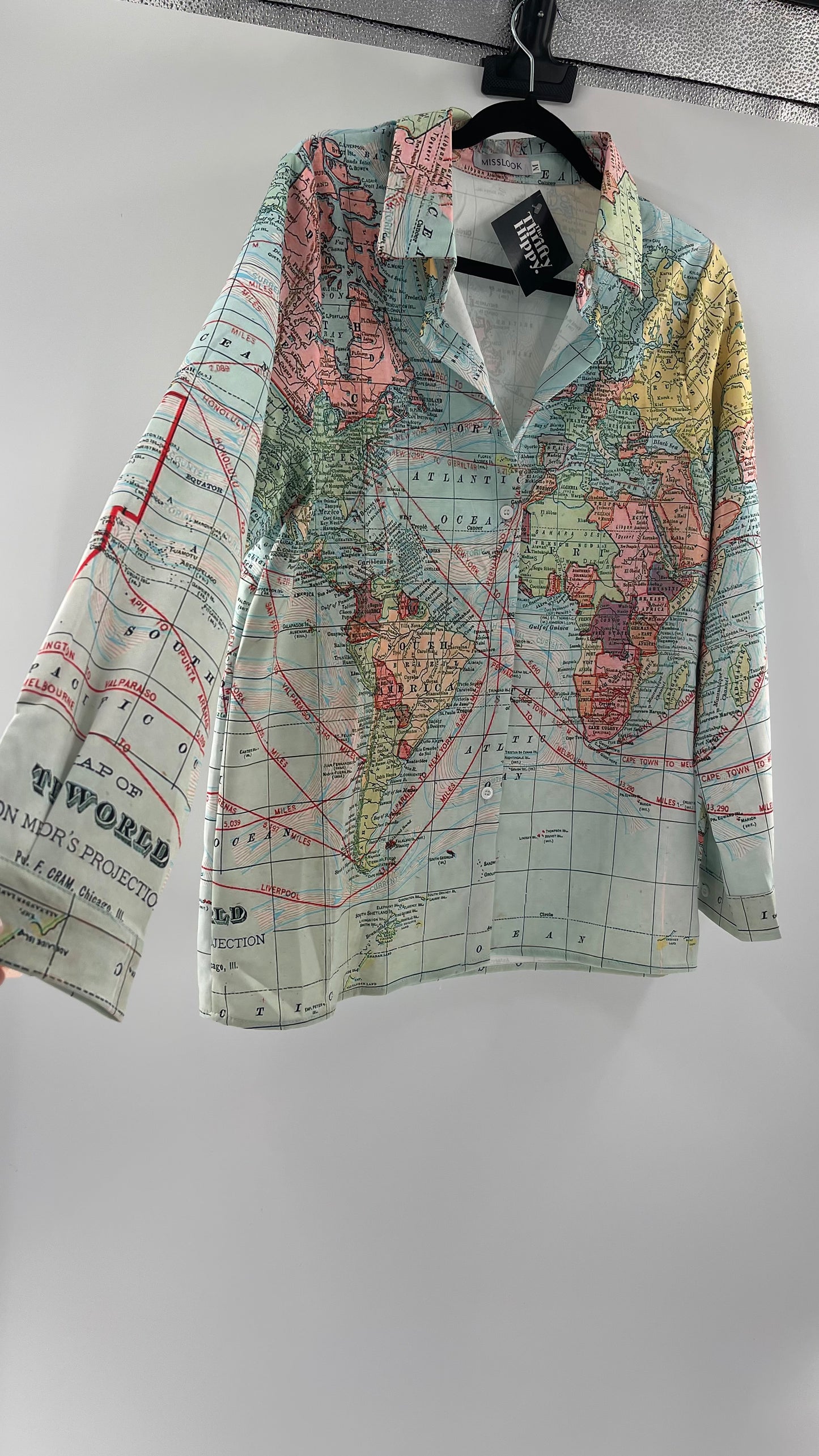 MISSLOOK Globe Map Long Sleeve Graphic Button Up (Medium)