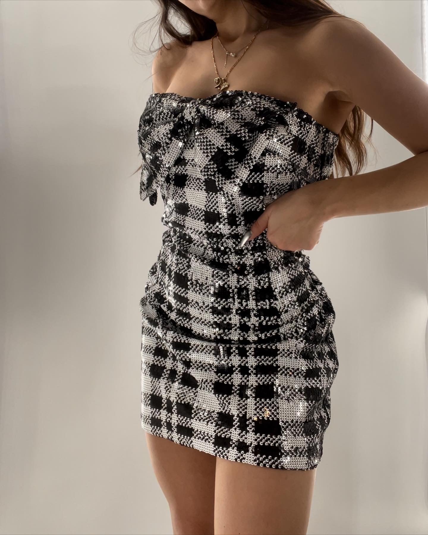 Eva Franco Sequin Houndstooth Bow Front Dress (6)